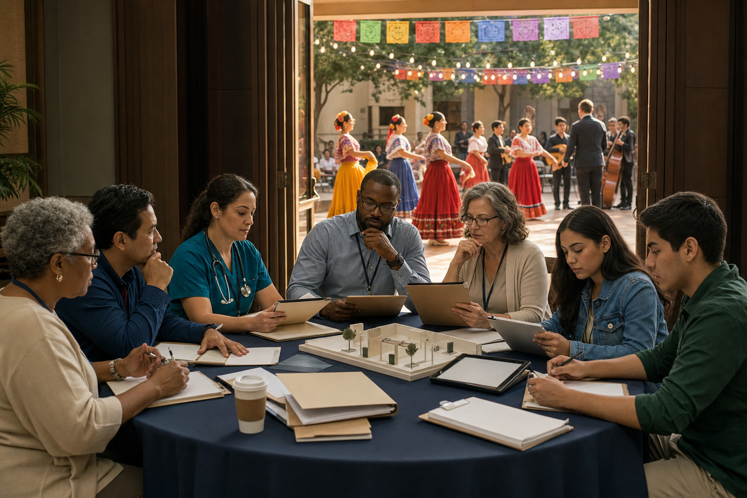 A mixed review panel examines festival safety materials while musicians and dancers rehearse in the background.