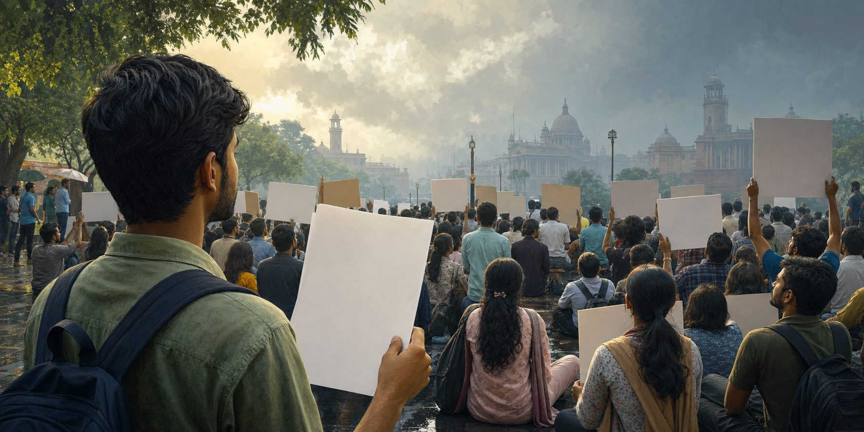 Young examination candidates and student activists hold blank placards during a peaceful protest near Jantar Mantar in New Delhi.