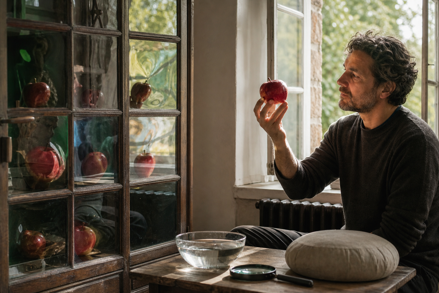 A seated adult studies a red apple while its shape appears distorted in several nearby glass reflections.