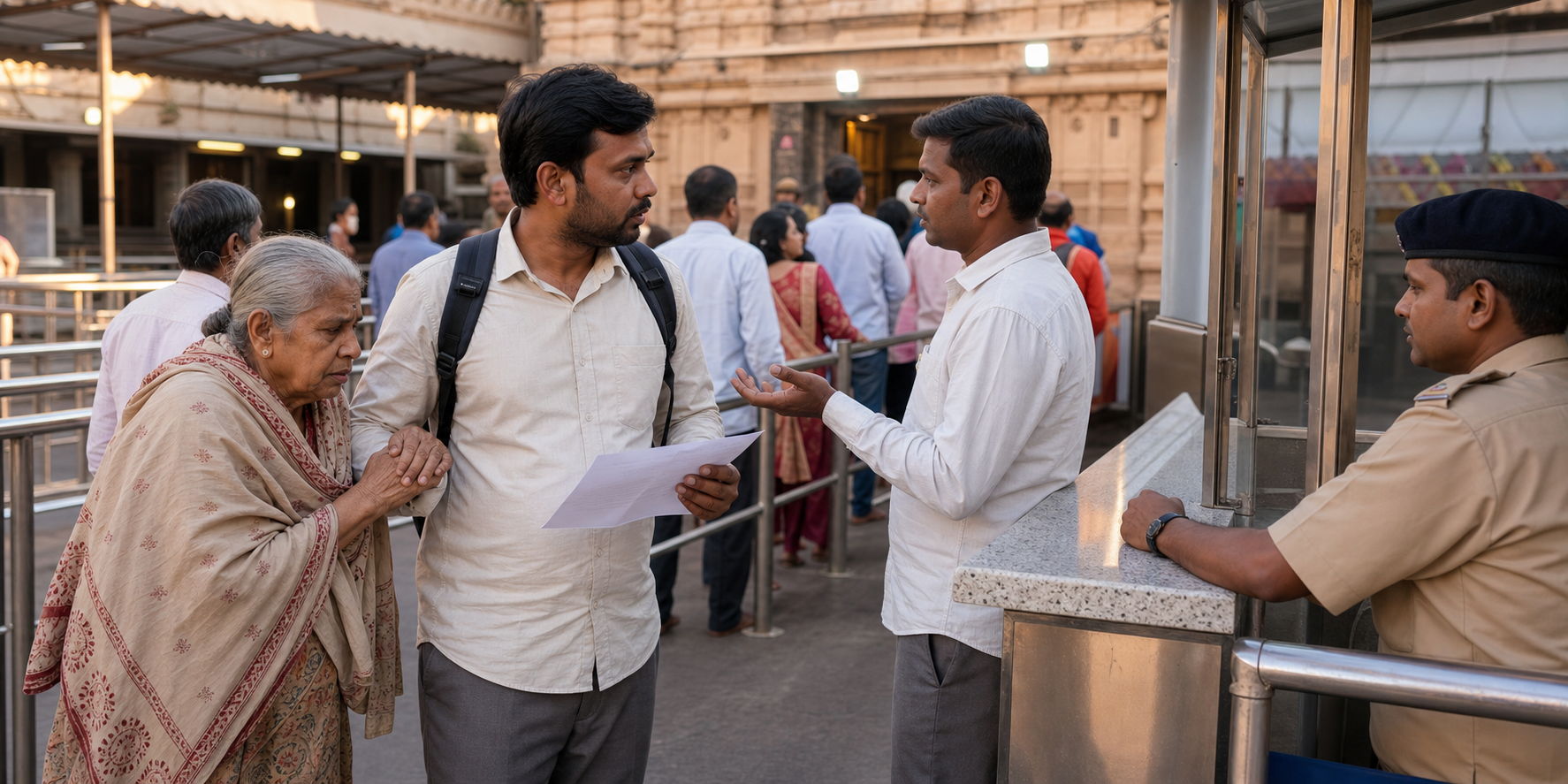 A pilgrim accompanying an elderly relative declines an unofficial cash approach and turns toward a staffed temple assistance counter.