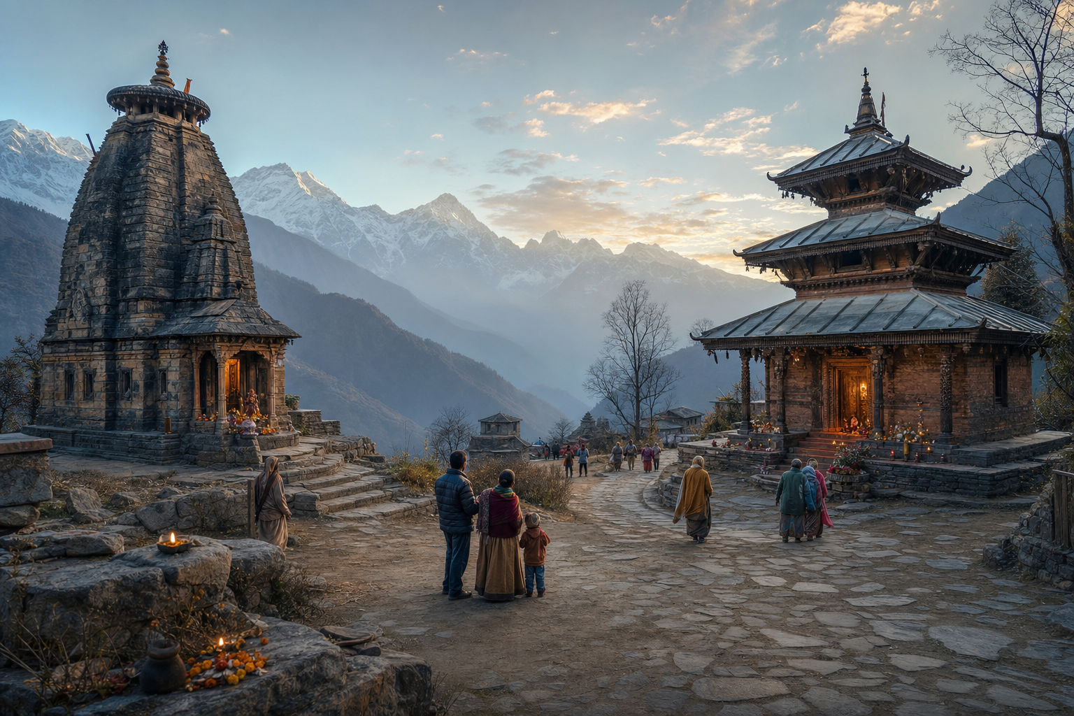 Worshippers move along a path between two distinct sacred spires facing one another in a Himalayan settlement at dawn.