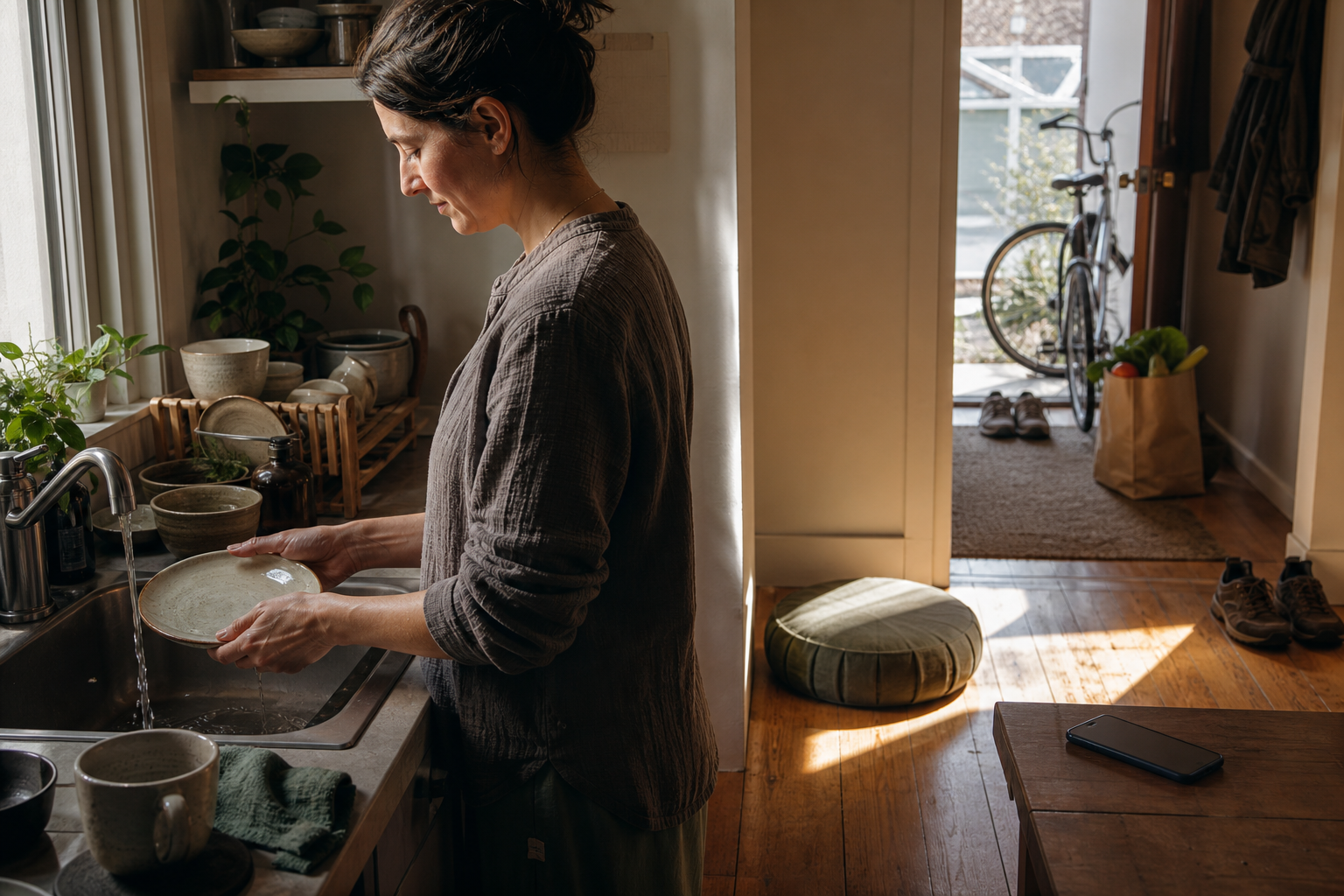 An adult mindfully washes dishes in a sunlit home with a meditation cushion, bicycle, groceries, and phone visible nearby.