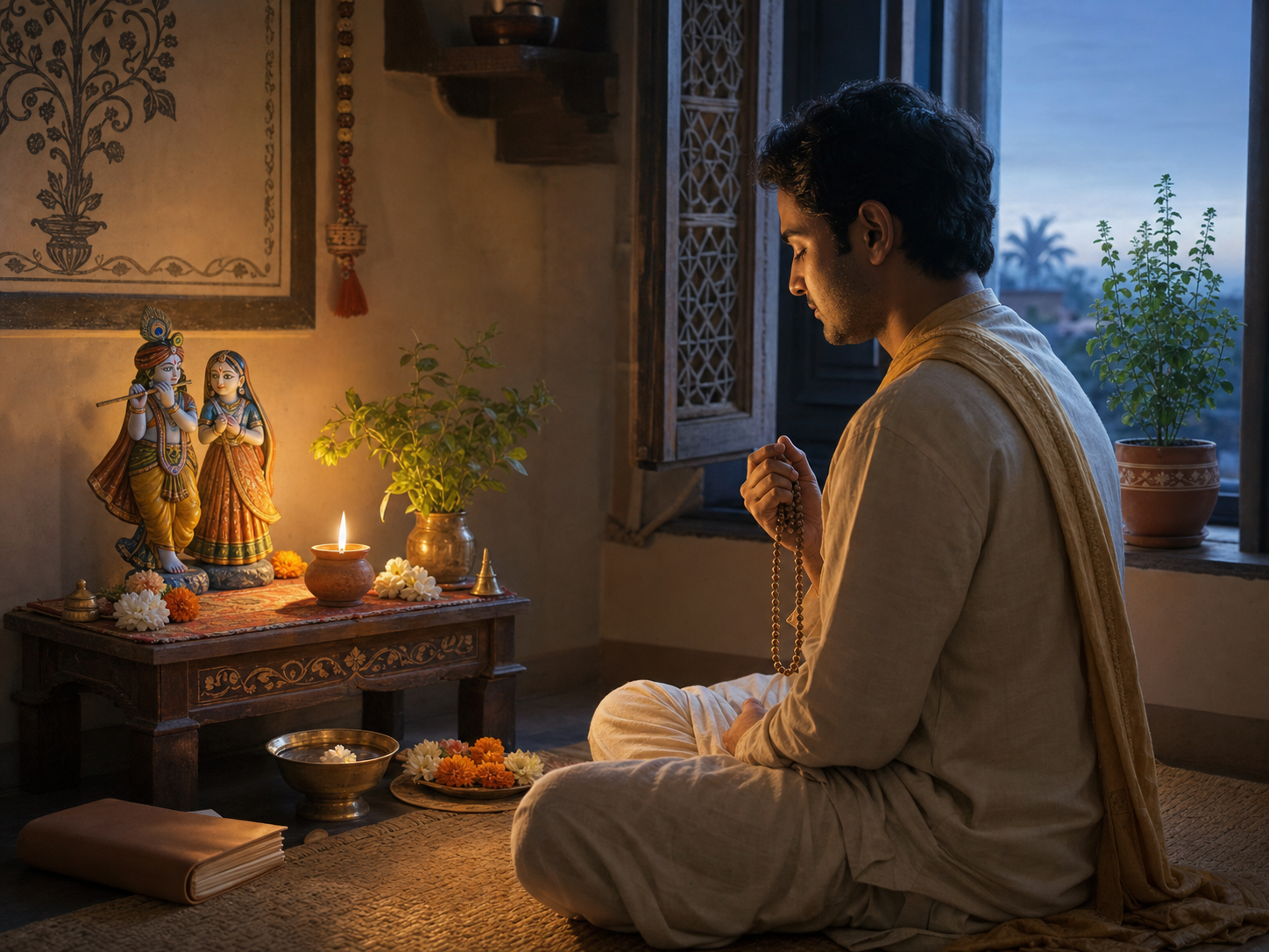 A practitioner chants with prayer beads beside a flower-adorned home altar and tulsi plant in the light before dawn.