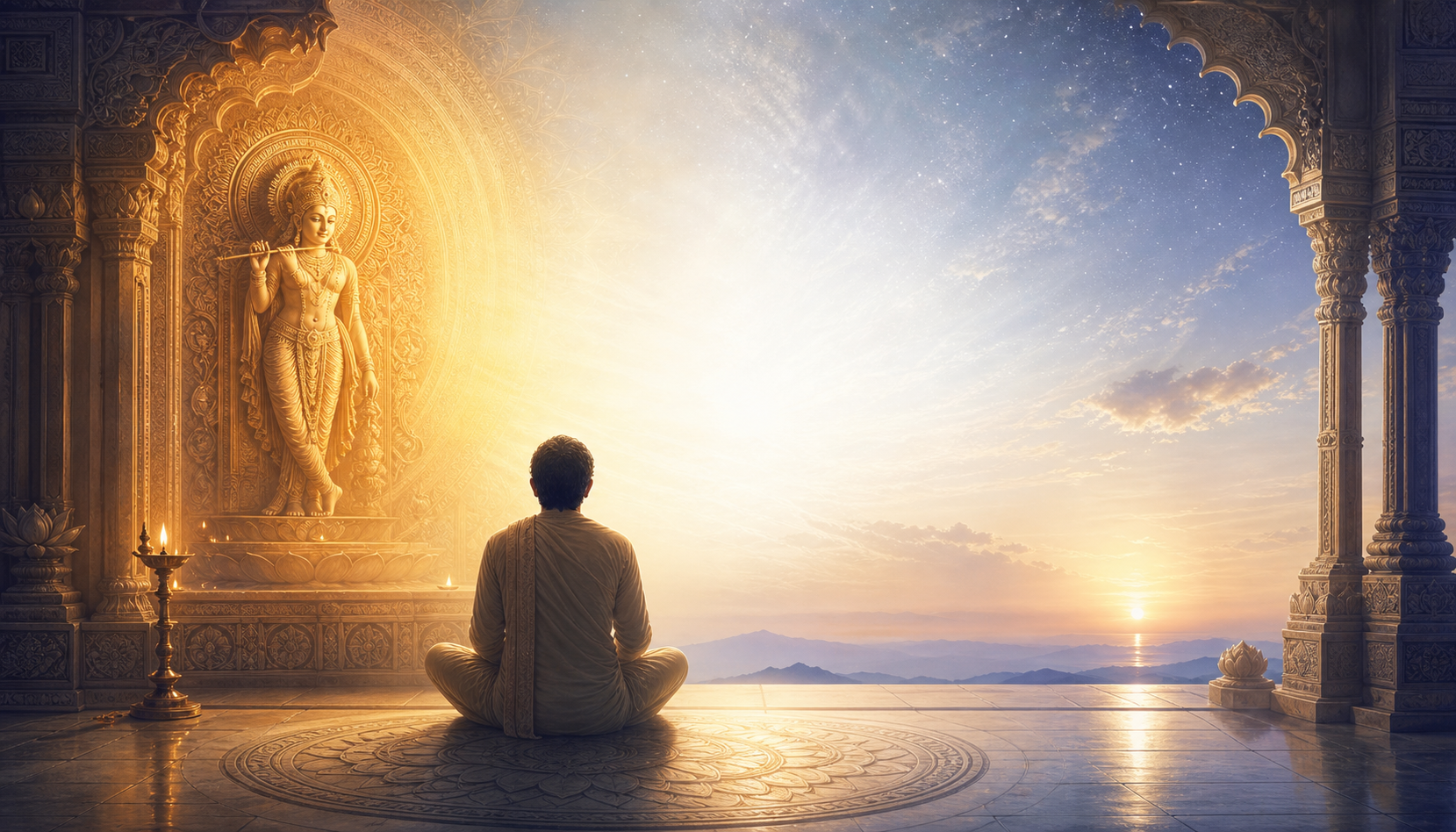 A seated devotee faces a lamp-lit sacred figure whose golden halo opens into a vast field of white light and sky.