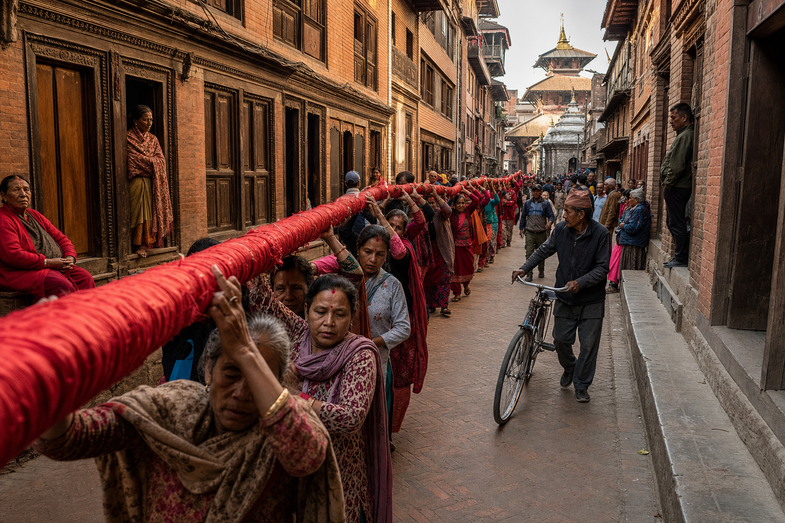 A multigenerational group carries a long red ceremonial cord above a brick-paved street while residents and other pedestrians make room.