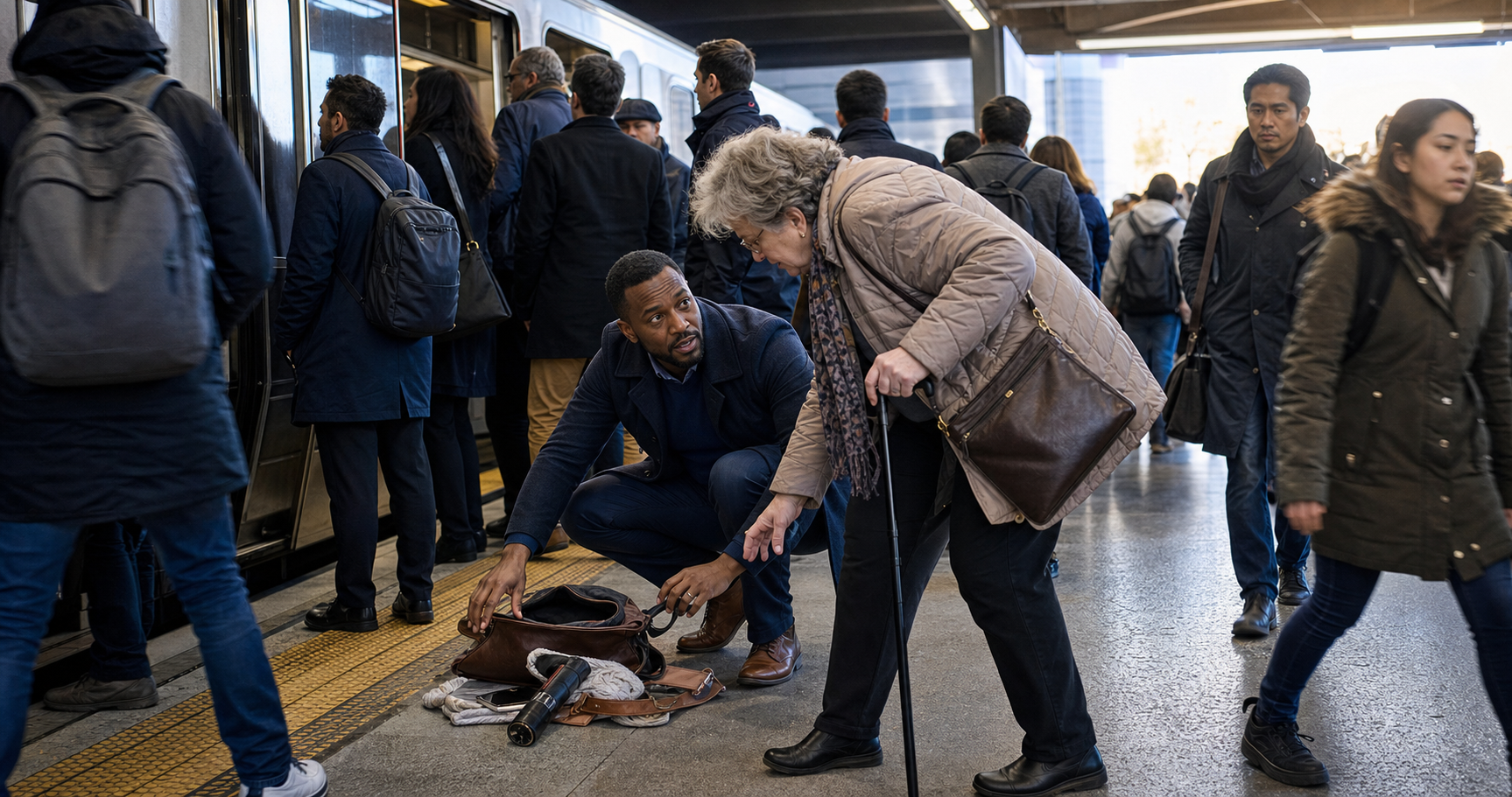A calm commuter helps an older passenger collect belongings from a crowded train platform while people rush around them.