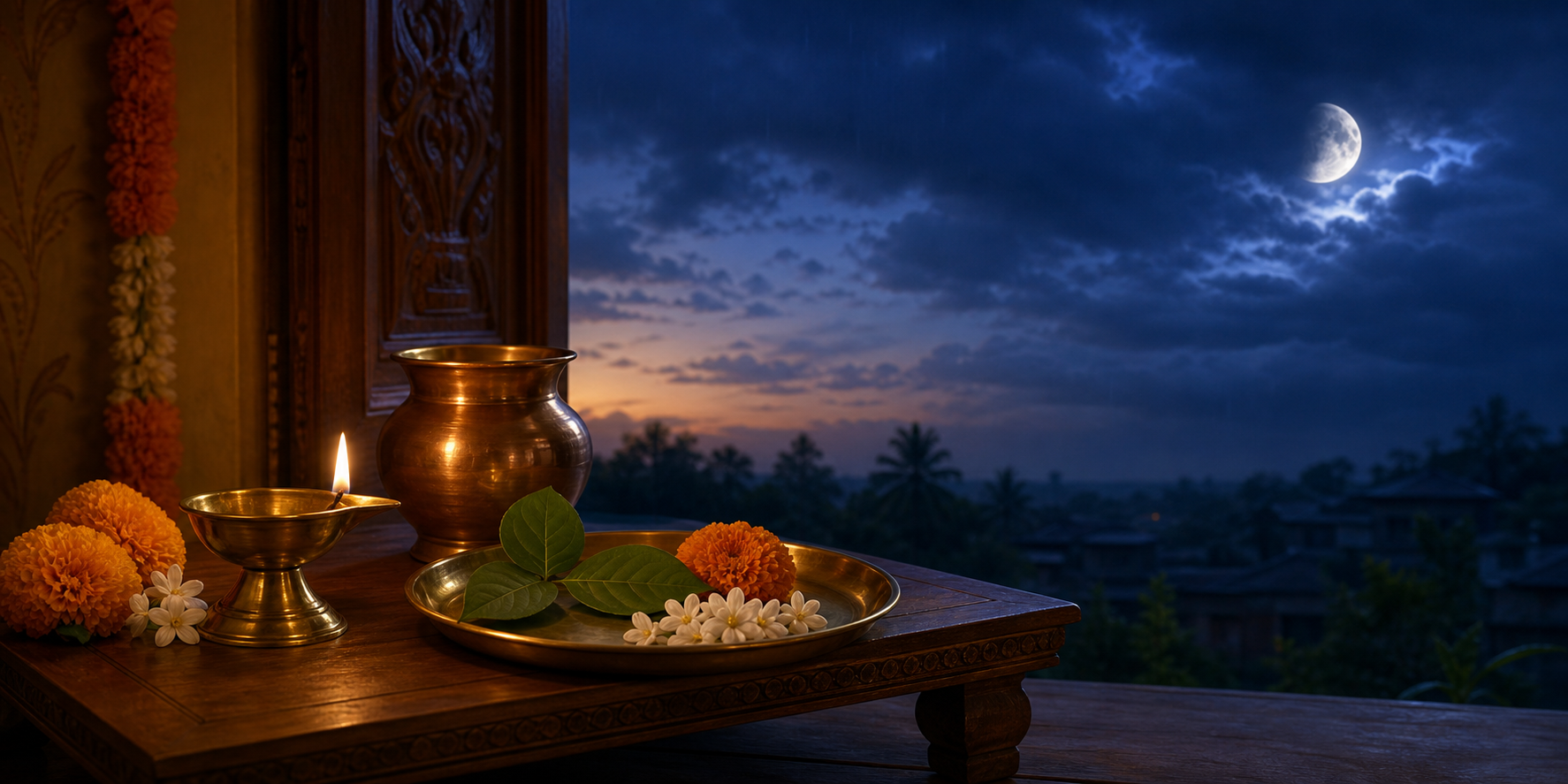 A brass oil lamp, copper vessel, flowers, leaves, and puja tray beside a window under a waning moon in an indigo evening sky.
