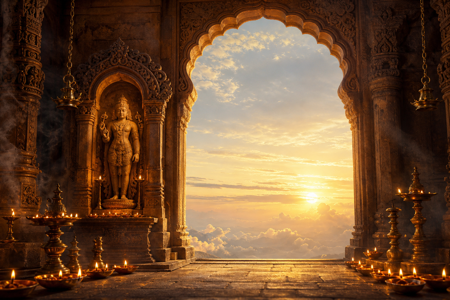 A devotee meditates on a riverbank between a small lamp-lit murti altar and an open misty horizon.