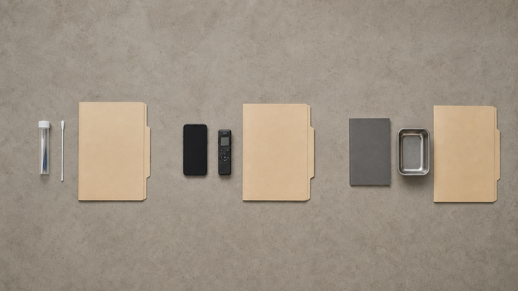 Three separate groups of evidence, including a sealed sample, electronic devices, and a plain booklet, are arranged in distinct areas on a table.