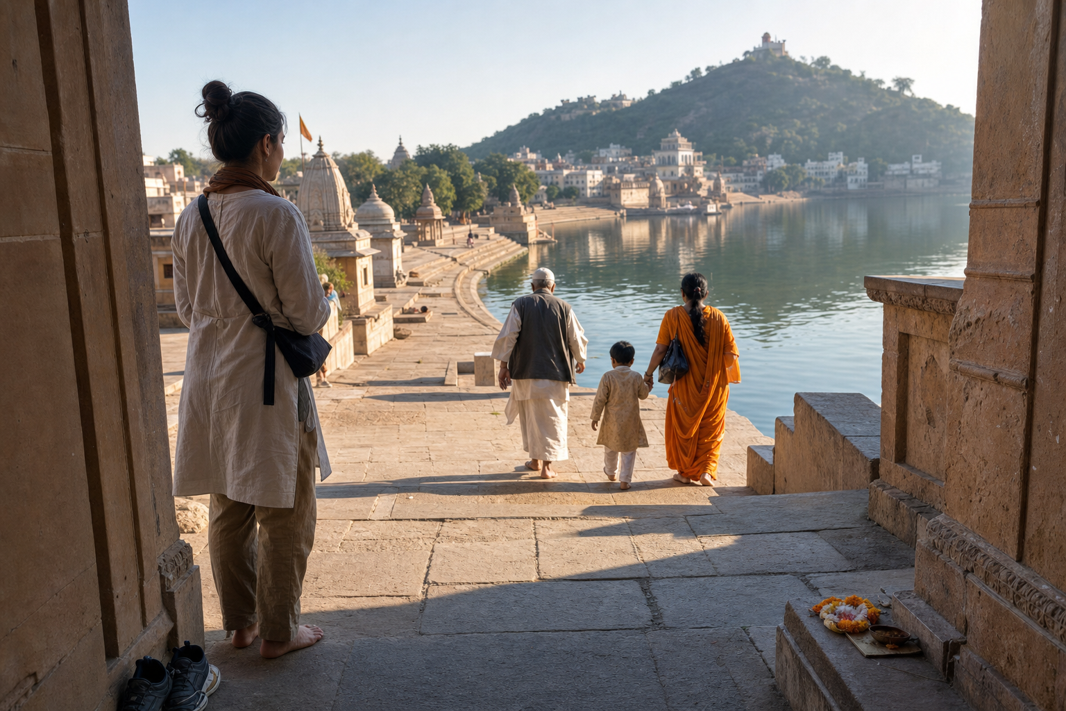A barefoot visitor waits with a lowered camera as local worshippers enter a lakeside sacred circuit leading toward temples and a hill shrine.