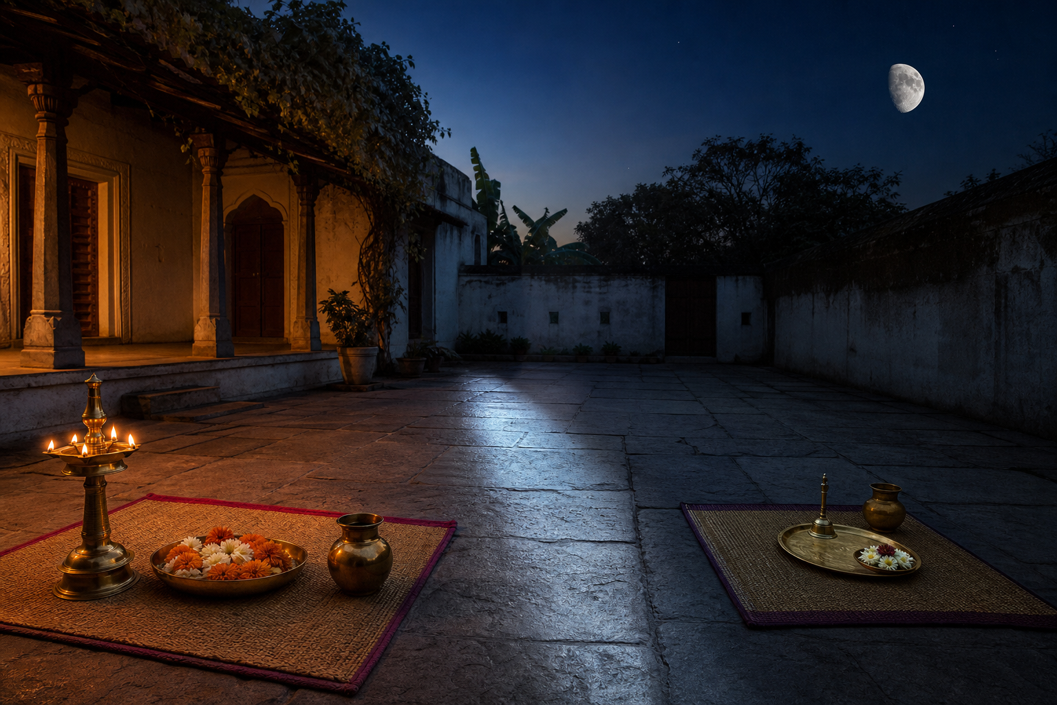 A moonlit courtyard shifts from dusk to night, with puja arrangements on opposite sides of a band of moonlight across the floor.