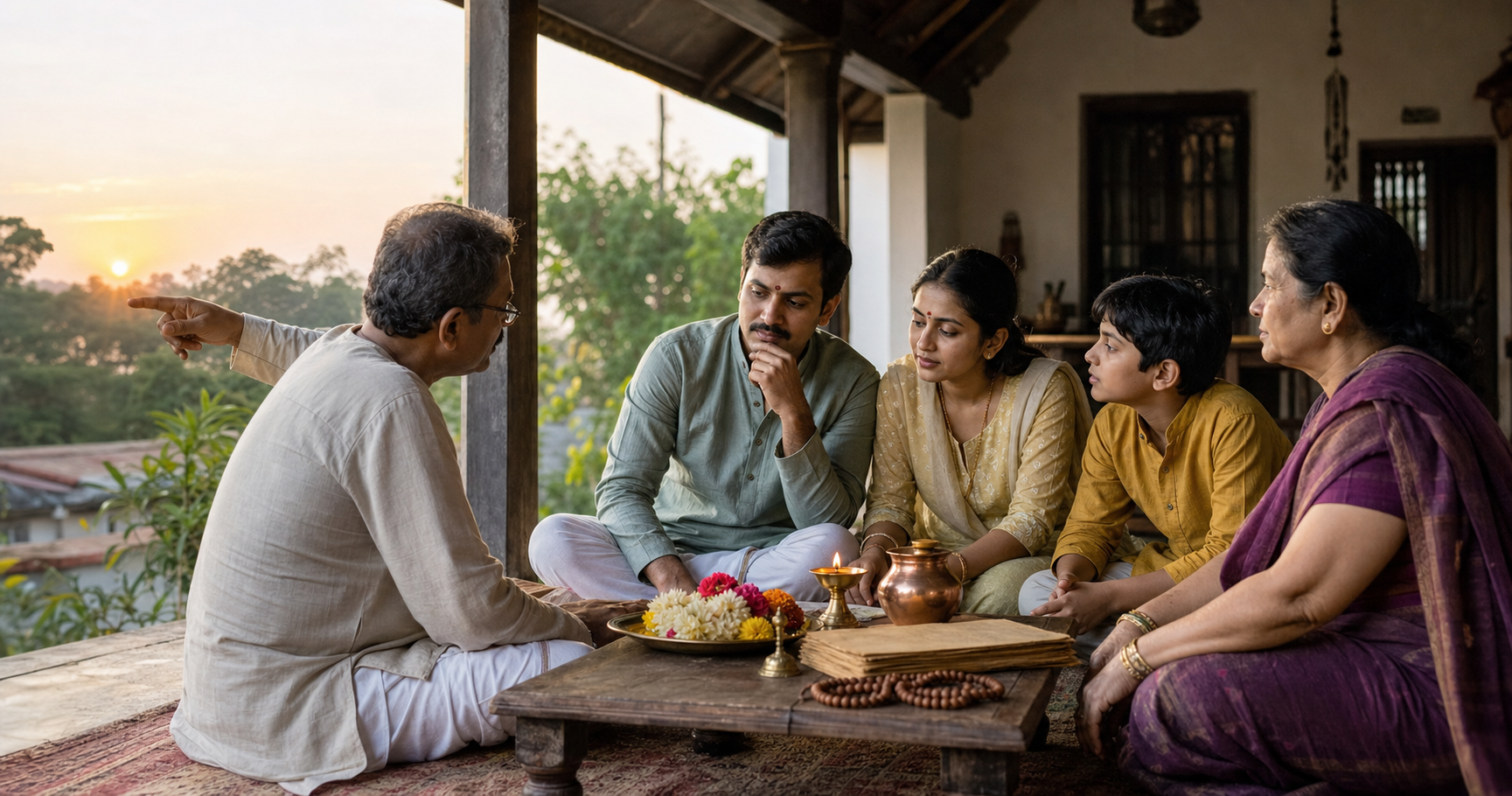 An Indian family and a traditional calendar reader consult together beside puja items as sunrise appears beyond a veranda.