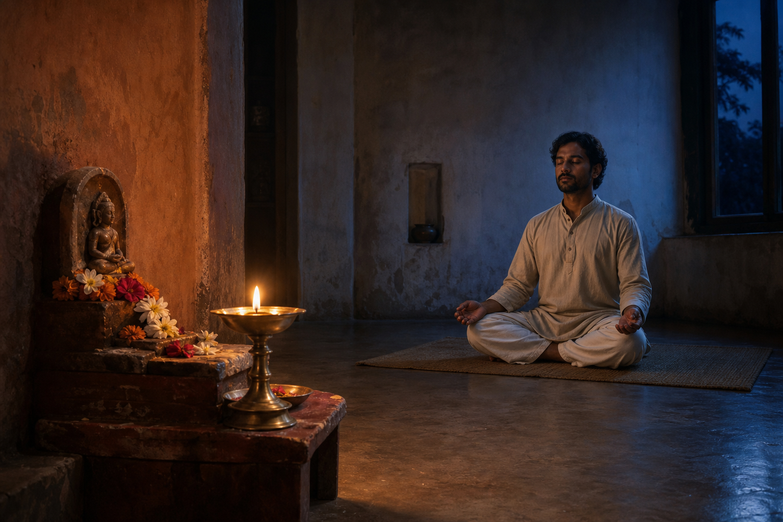 A lit murti altar stands in the foreground while a practitioner sits in silent meditation across the same room.