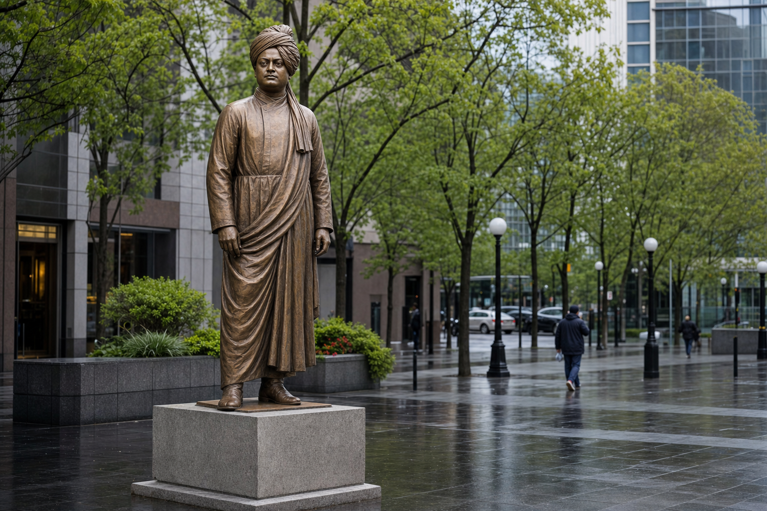 A life-size bronze statue of Swami Vivekananda stands in a tree-lined public square in downtown Seattle as pedestrians pass nearby.