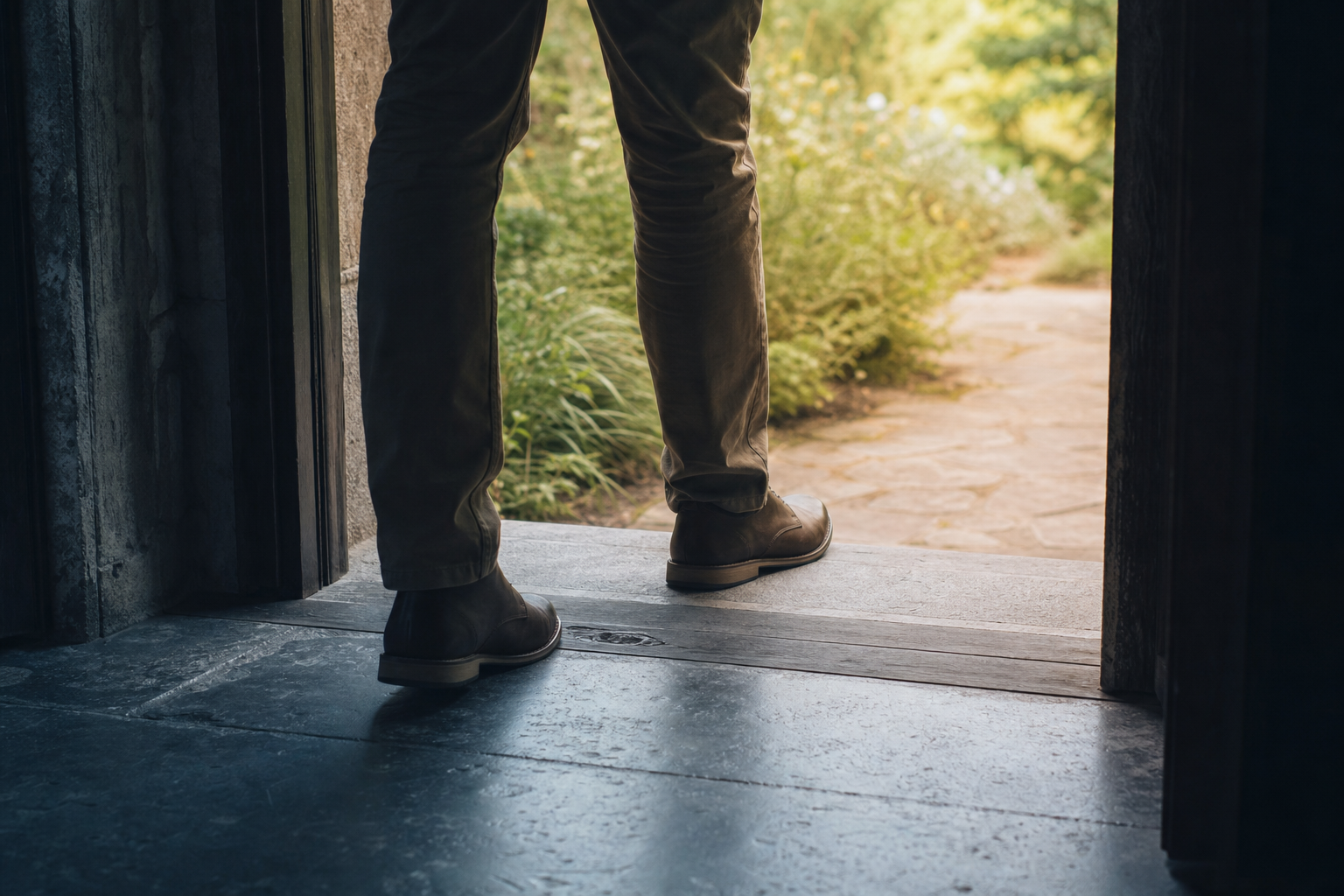 An adult steps from a dim interior onto a sunlit garden path.