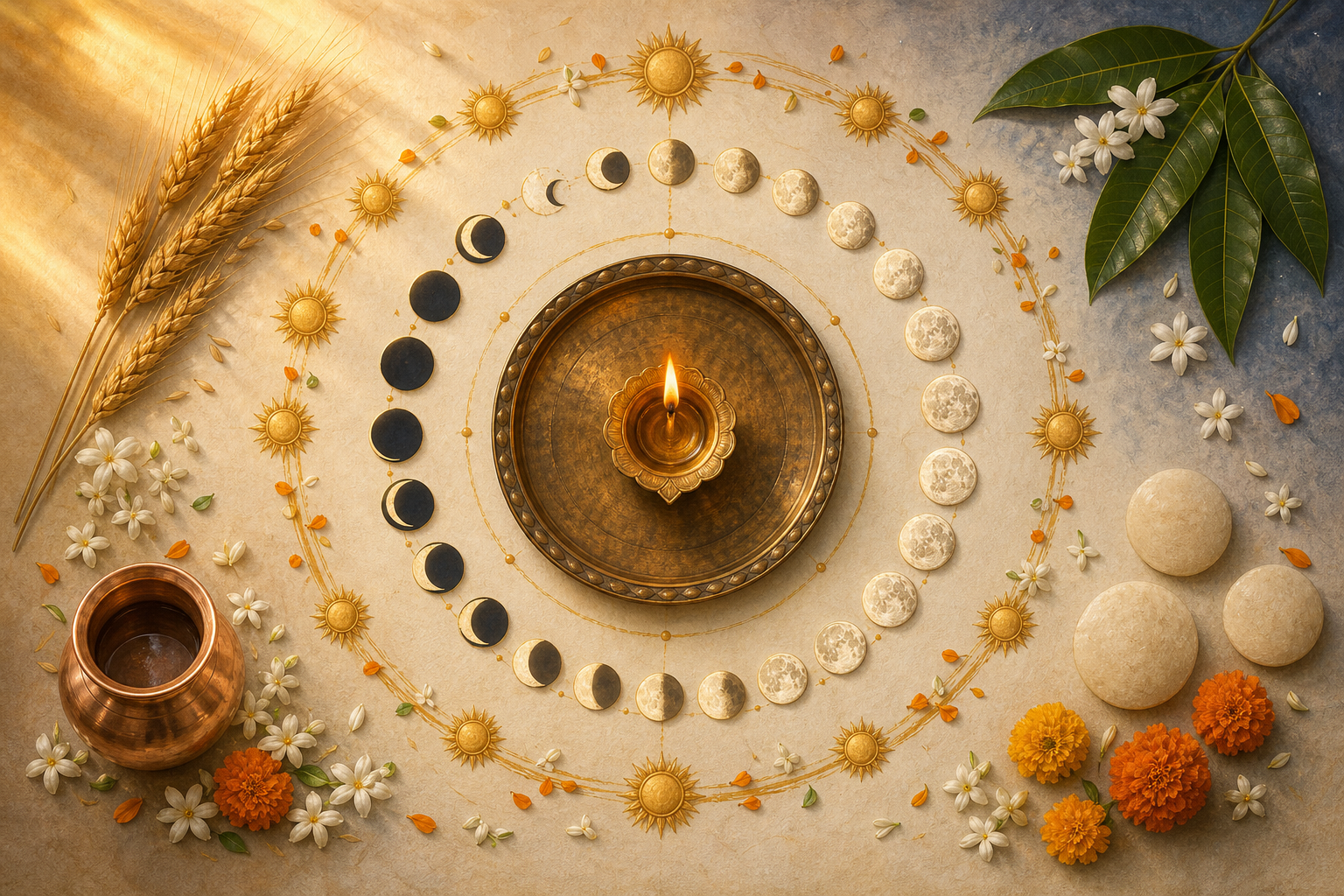 An oil lamp on a brass tray surrounded by wheat, mango leaves, flowers, a copper vessel, and symbolic solar and lunar arcs.