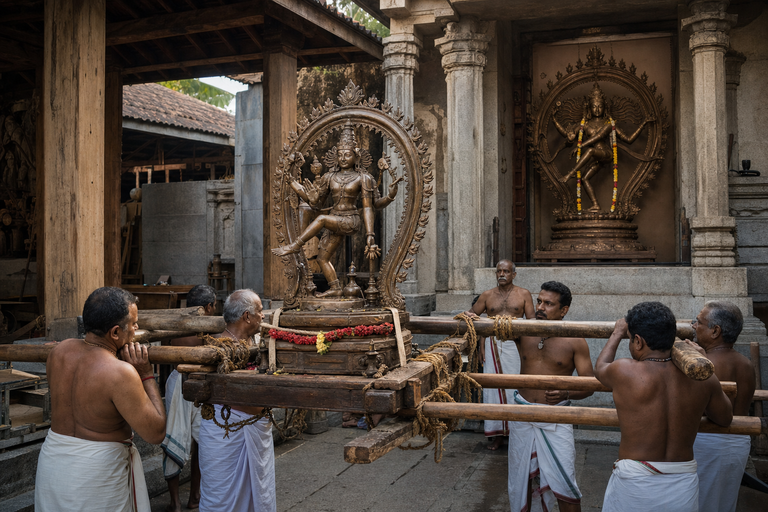 Bearers lift a processional bronze icon on a wooden platform while a larger stationary shrine icon stands in a temple alcove.
