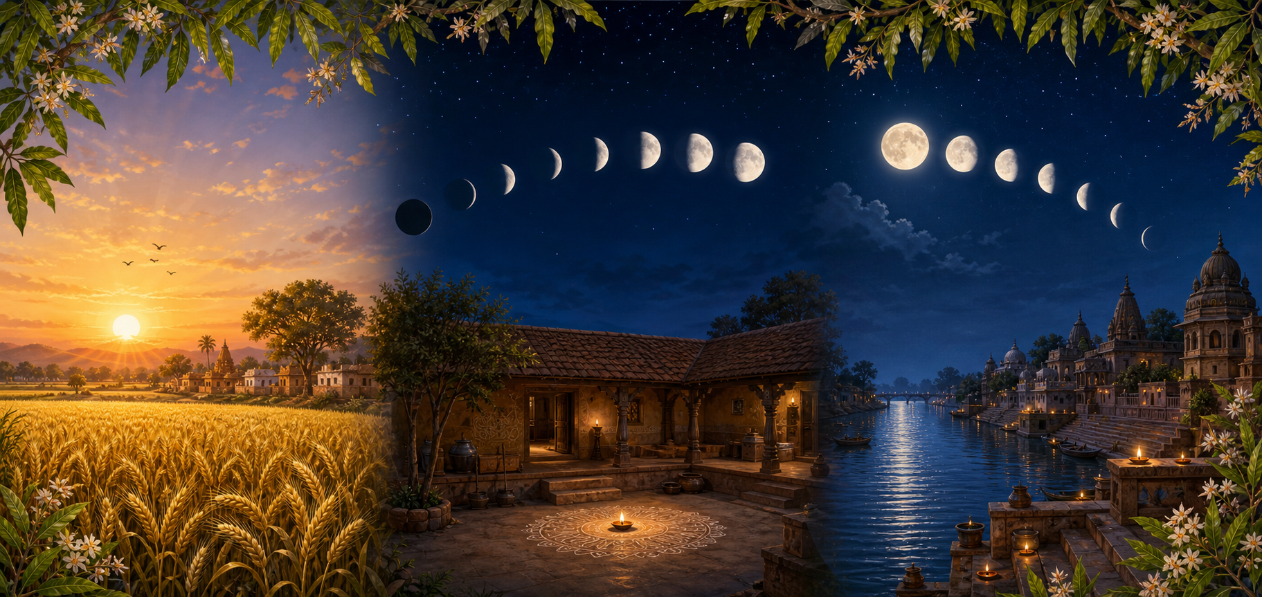 Three connected scenes show a sunrise over wheat fields, a new-moon lunar cycle above a courtyard, and a full-moon lunar cycle above a riverside.