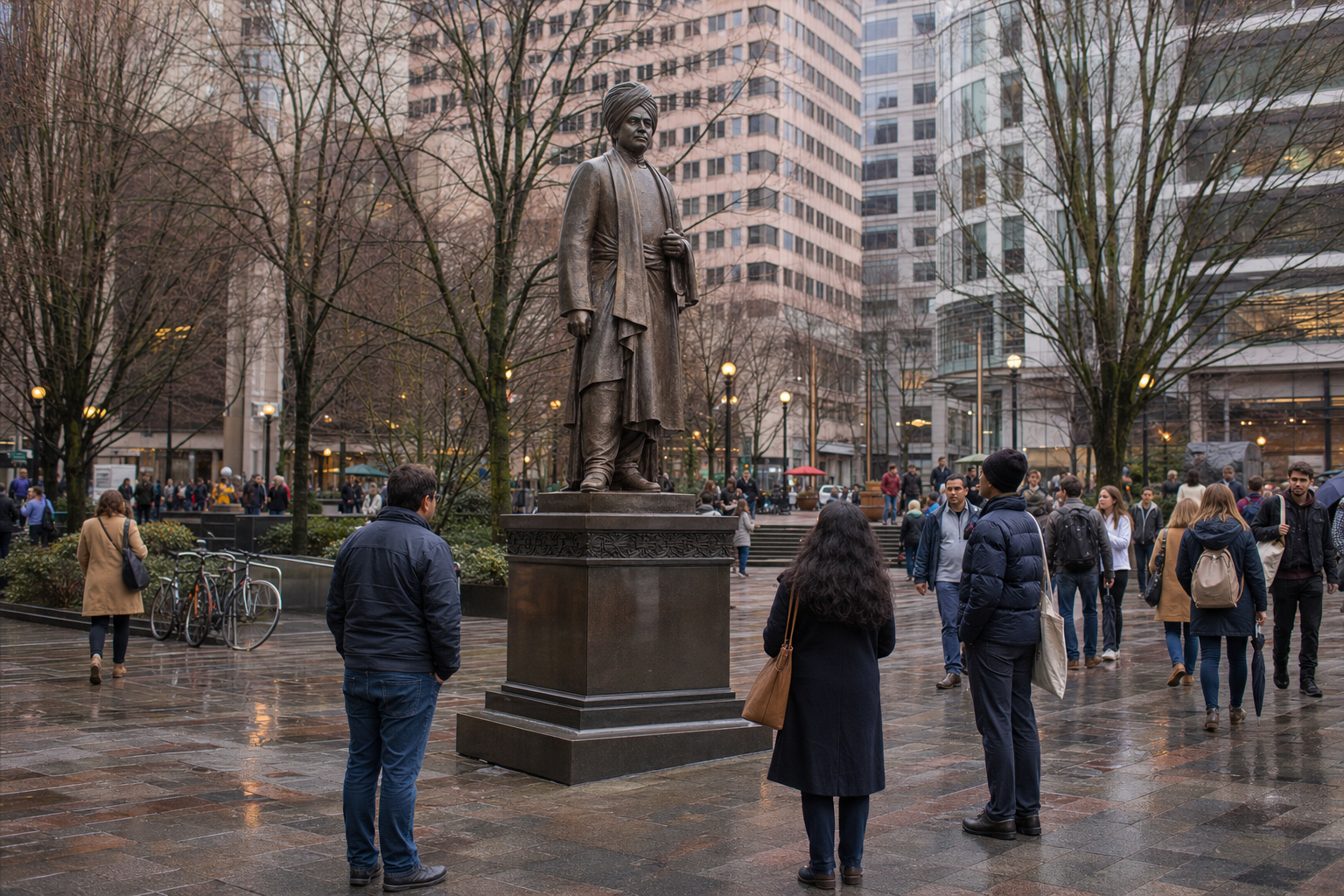 Pedestrians of different ages walk through a downtown plaza while several visitors pause near a bronze statue of Swami Vivekananda.