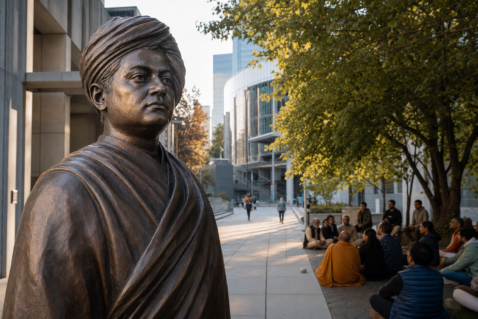 A close view of the bronze Vivekananda statue connects a modern city plaza with people quietly gathered beneath nearby trees.