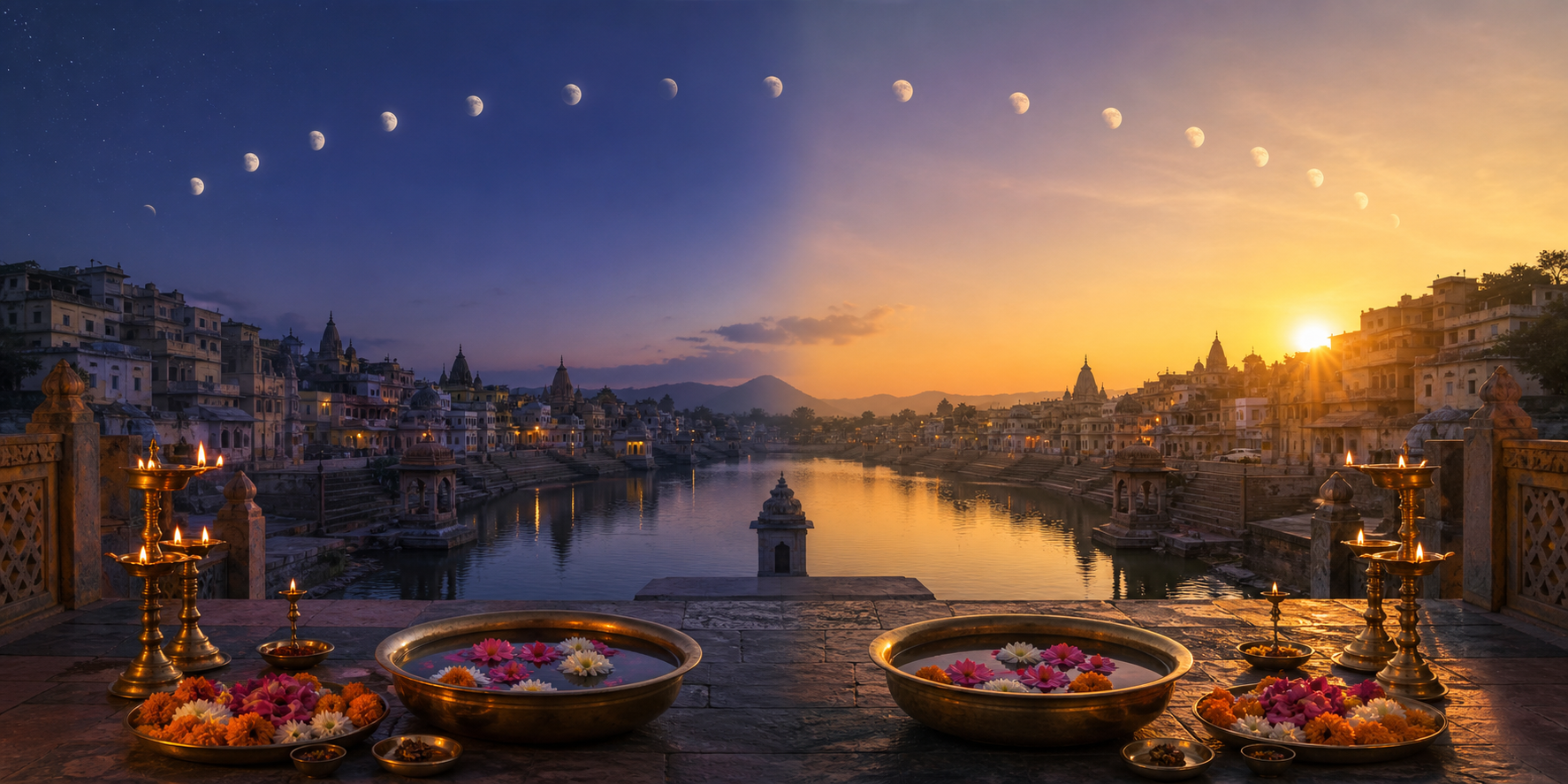 Two adjacent views of the same temple town show the sky immediately before and after sunrise, with matching lamps and offerings in the foreground.