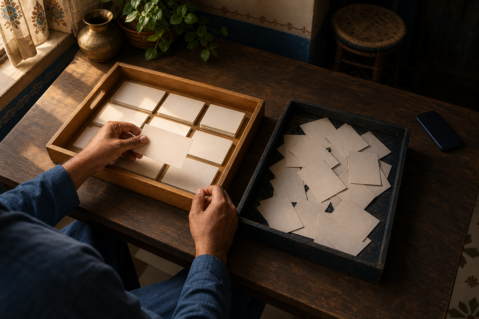 An adult sorts blank cards into separate trays while a smartphone remains face down at the edge of a desk.