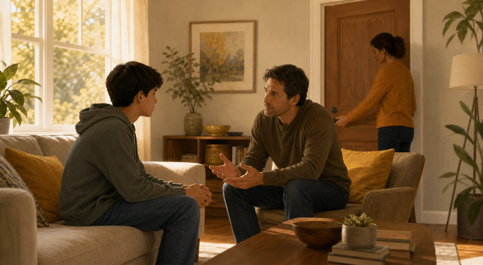A trusted adult listens calmly to a fully clothed teenager in a private family room while another adult closes the door.