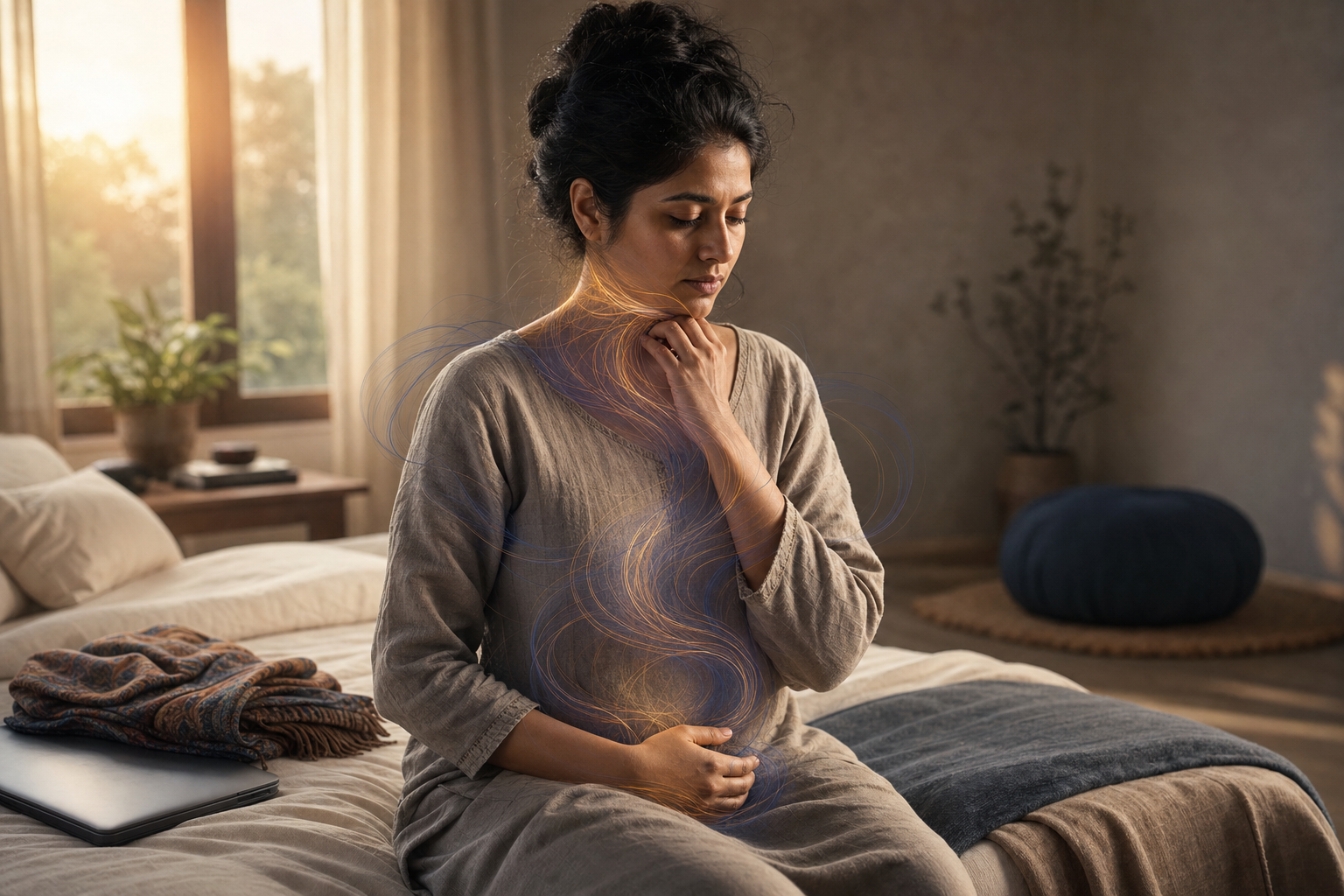 A woman sitting on the edge of a bed at dawn holds her abdomen while subtle colored lines gather around her jaw, chest, and belly.