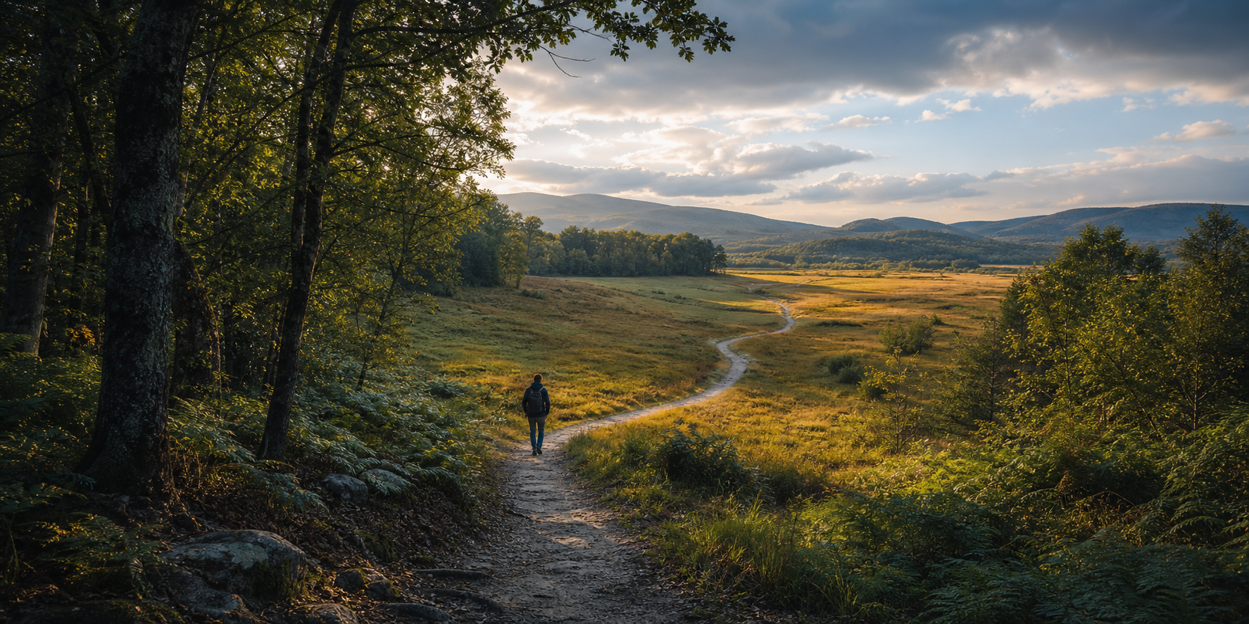 A lone walker follows a winding path from shaded woodland across an open field toward distant hills.