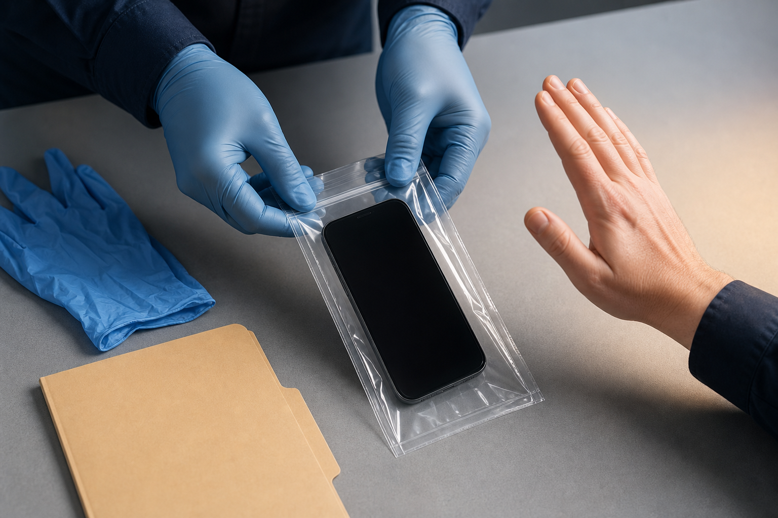 Gloved hands place a powered-off smartphone into a clear evidence pouch as another person avoids touching the device.