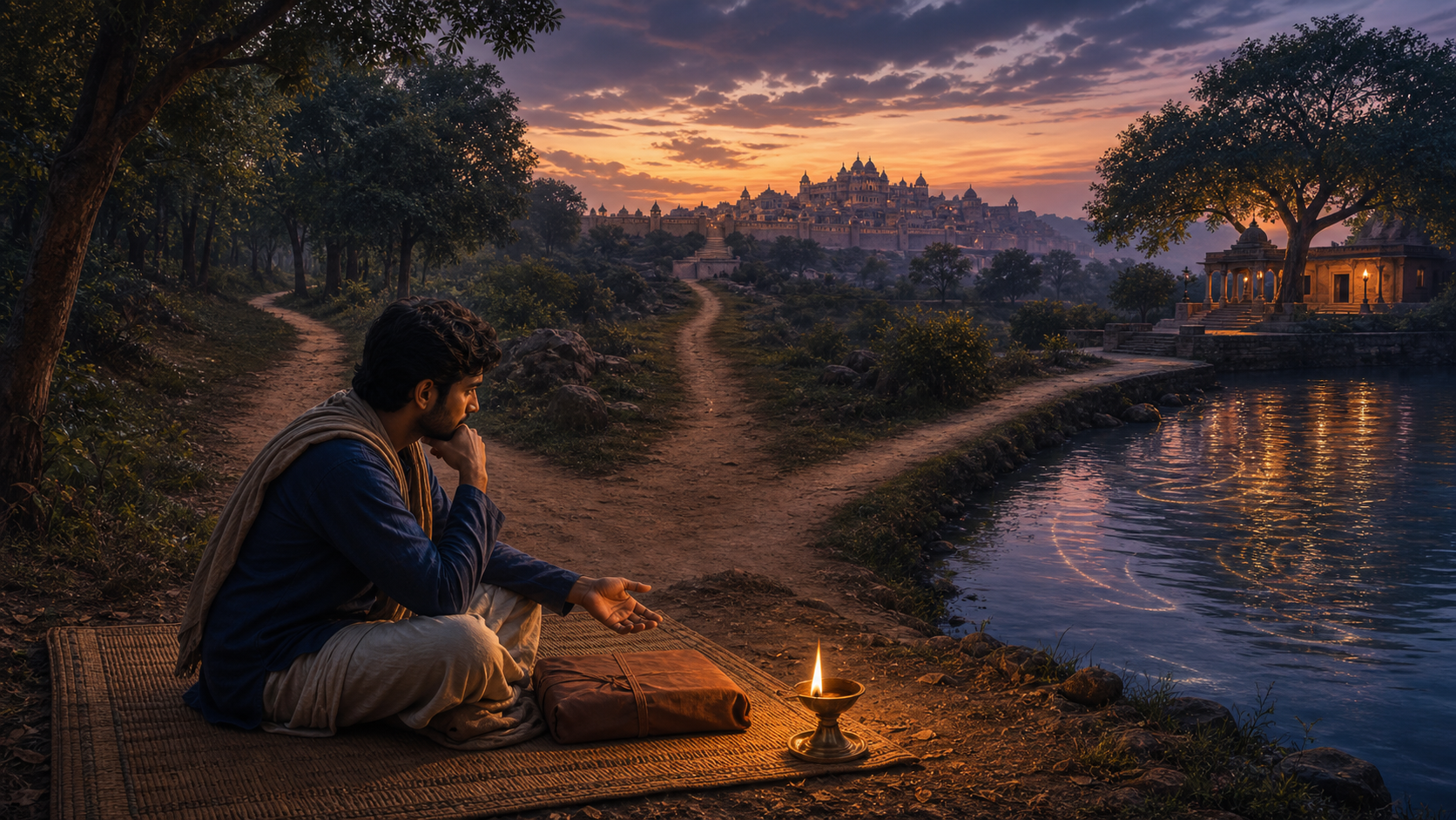 A reader sits beside an oil lamp and a wrapped sacred volume where three paths lead toward a forest, a town, and a riverside temple.