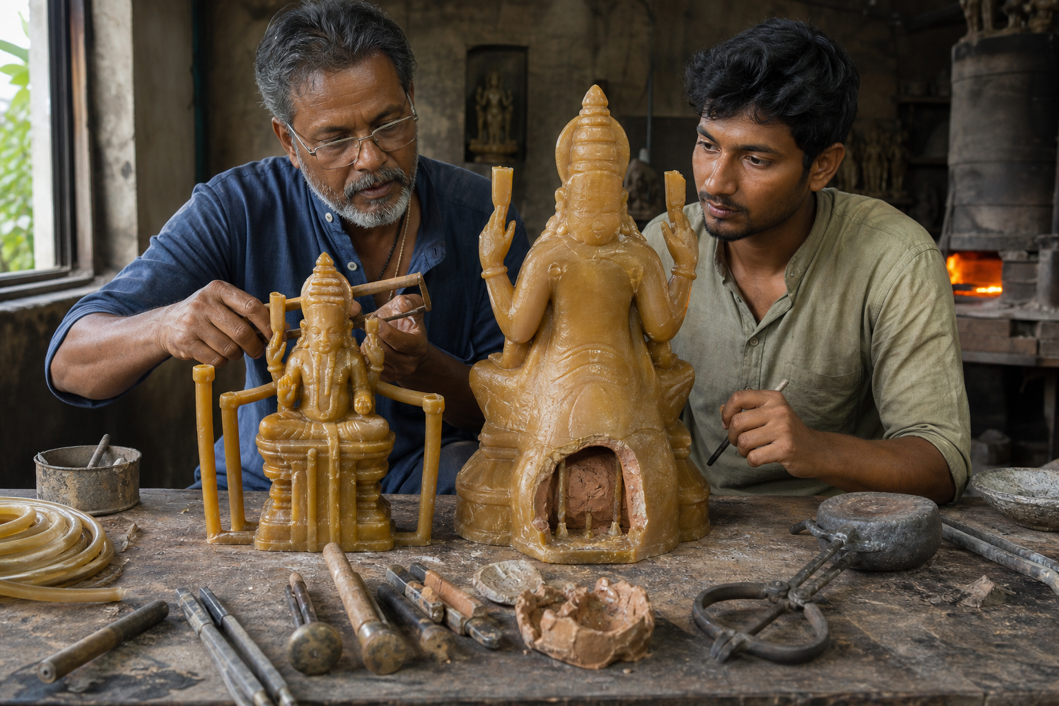 A bronze caster compares a compact wax model for solid casting with a larger wax model formed around a clay core.