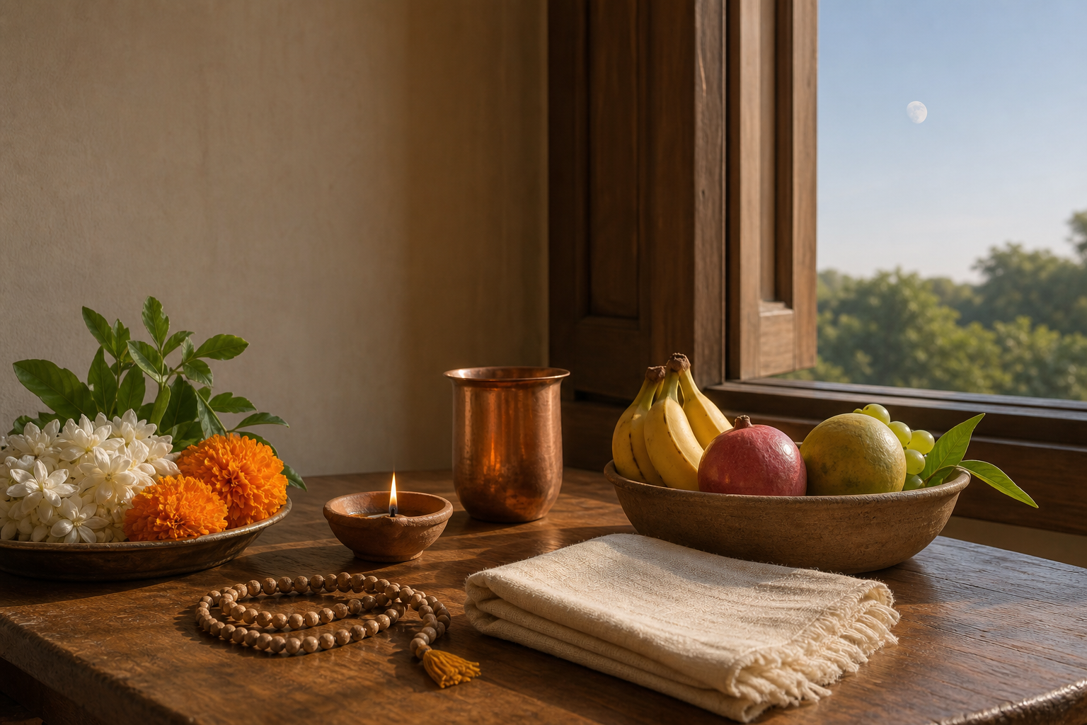 A home altar at dawn holds a lit clay lamp, copper water cup, fruit, flowers, leaves, prayer beads, and folded cloth.