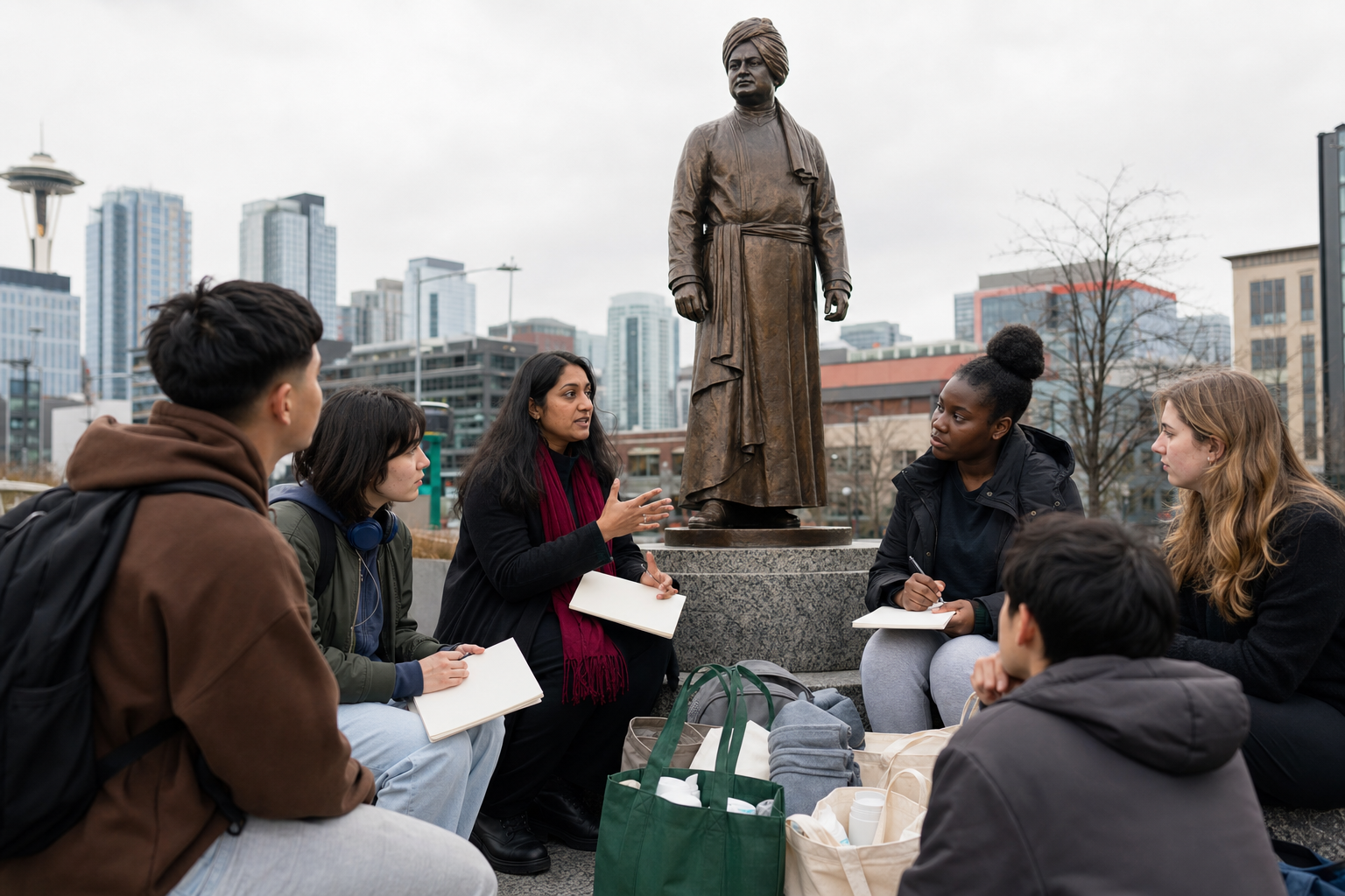 A teacher leads students in a discussion beside a bronze Vivekananda statue, with notebooks and community-care supplies nearby.