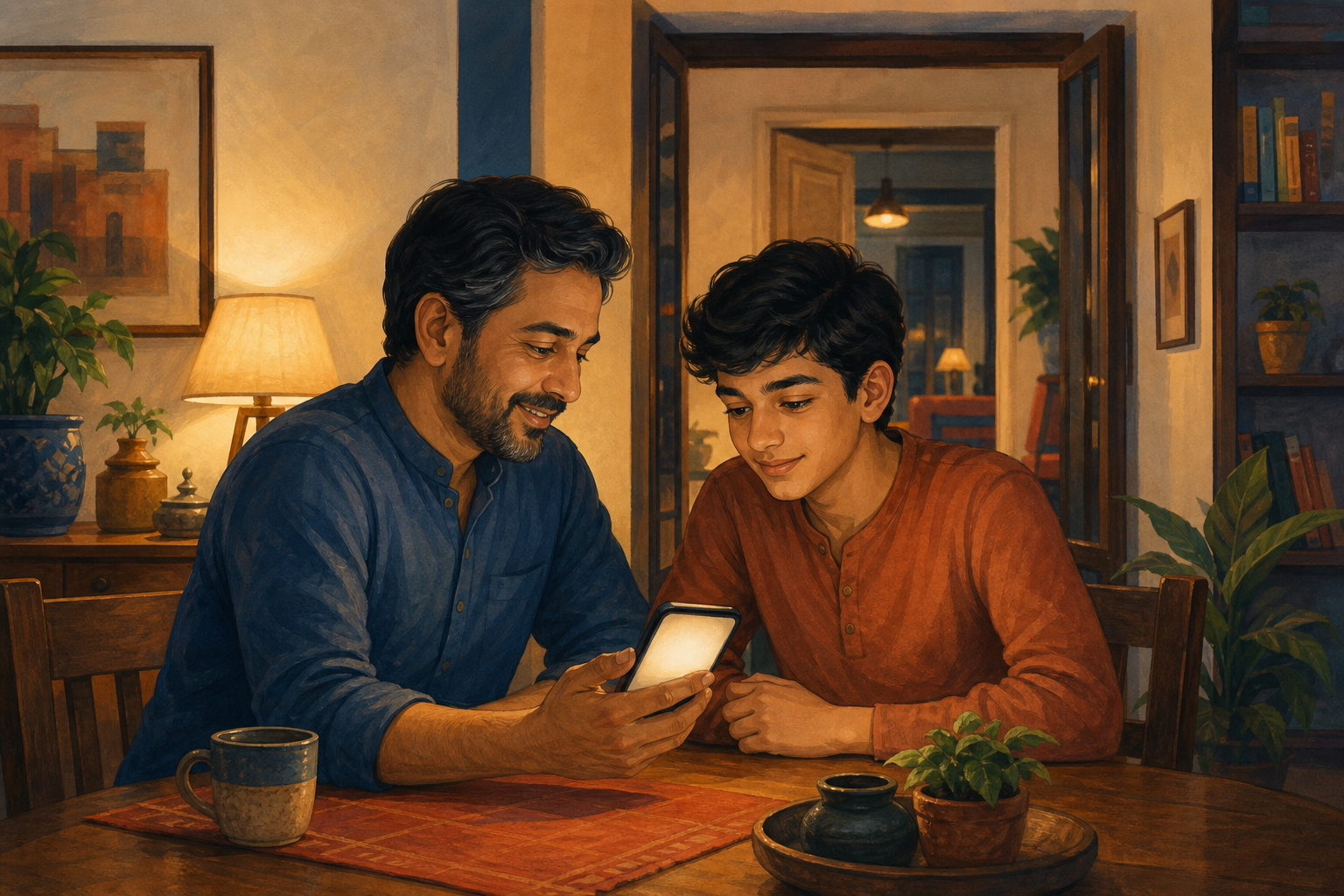 A parent and teenager sit together at a dining table and calmly review a smartphone with a blank screen in a shared family space.