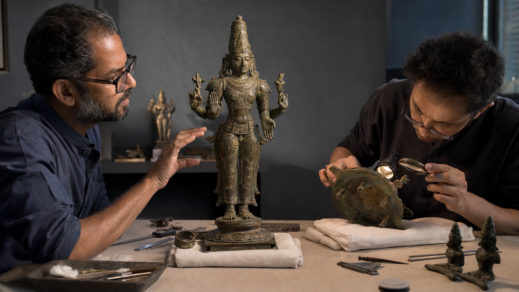 Two conservators inspect the proportions, base, projecting details, seams, and surface finish of a Hindu bronze icon.