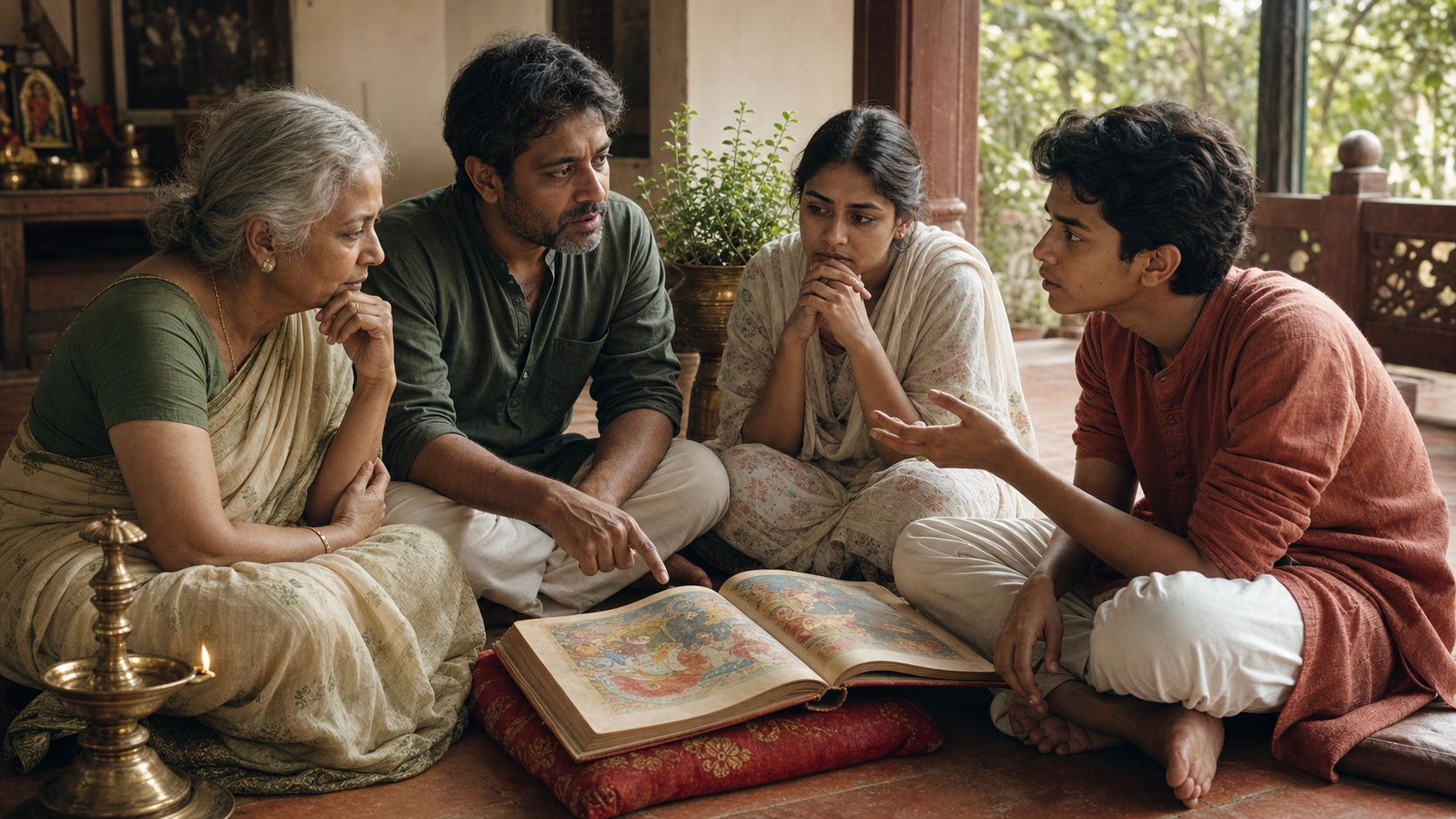 Four family members of different ages discuss an open illustrated Ramayana on a veranda beside a brass lamp and tulsi plant.