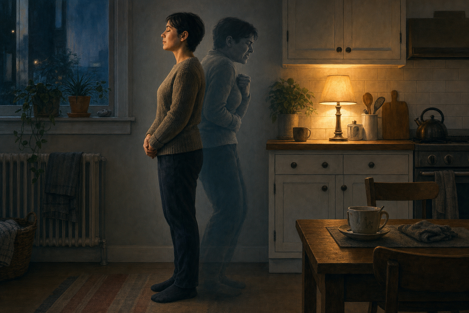 A composed adult in a kitchen is backed by a translucent silhouette with tense shoulders, clenched hands, and a guarded abdomen.