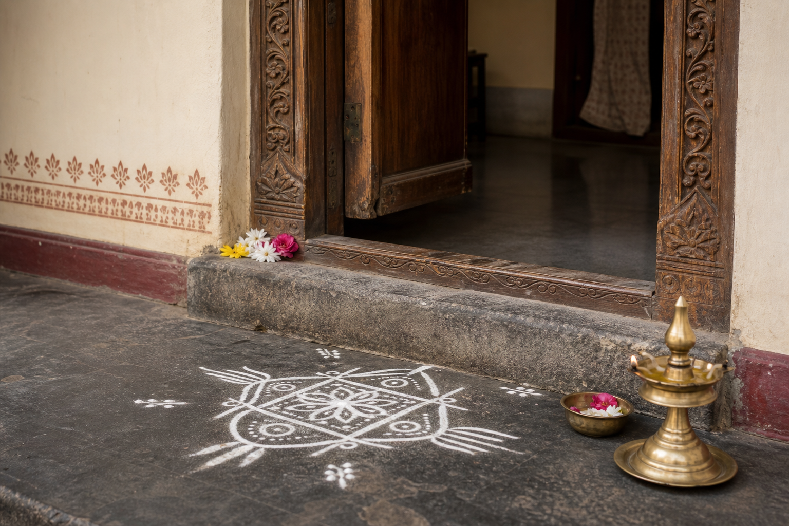 A stone sill and wooden doorframe arranged with a rice-flour floor pattern, flower petals, and a small brass lamp.