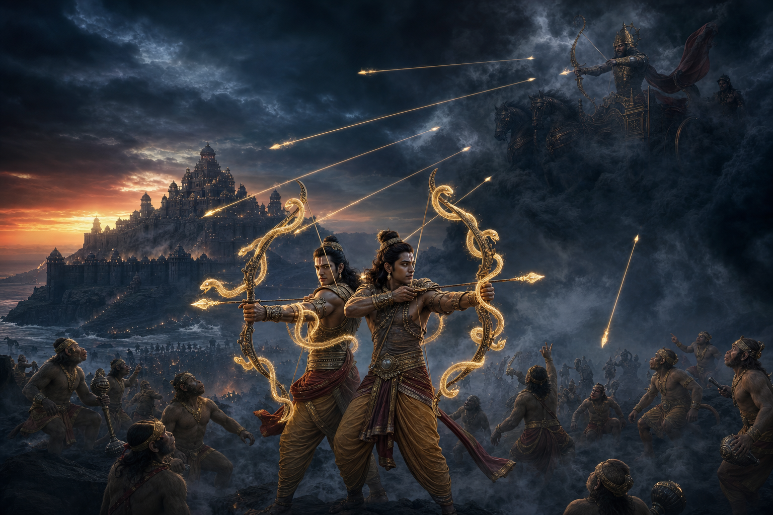 Indrajit fires luminous serpent-like astras from a chariot hidden in storm clouds as two princely archers and nearby vanara warriors struggle to locate him on the battlefield outside Lanka.