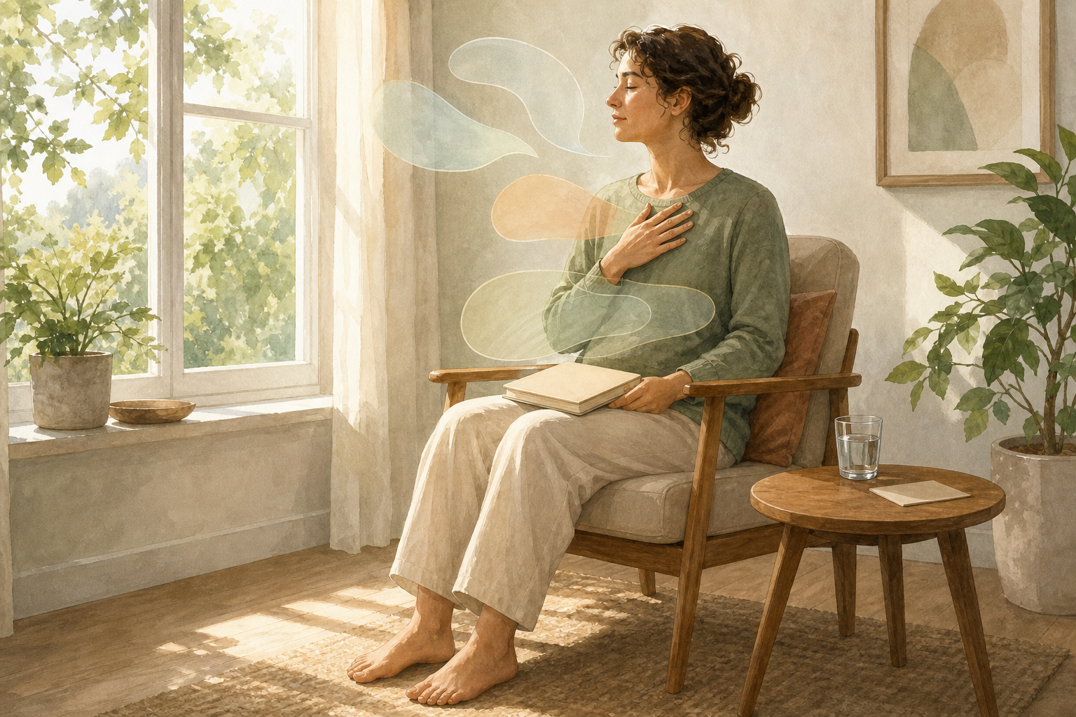 An adult sits by a window with a closed notebook, one hand on the chest, while soft abstract shapes hover near the body.