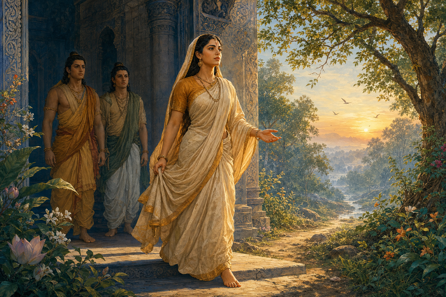 Sita steps from a shadowed palace gateway toward a dawn-lit forest path while Rama and Lakshmana remain behind her.