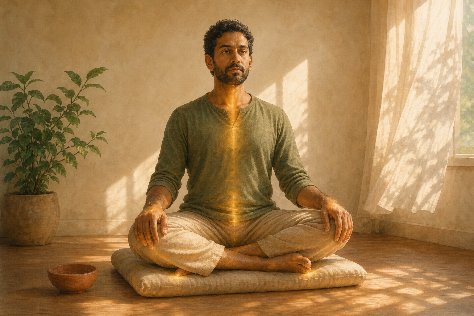 A person meditates with eyes softly open in a sunlit room, seated upright with relaxed hands and a grounded posture.