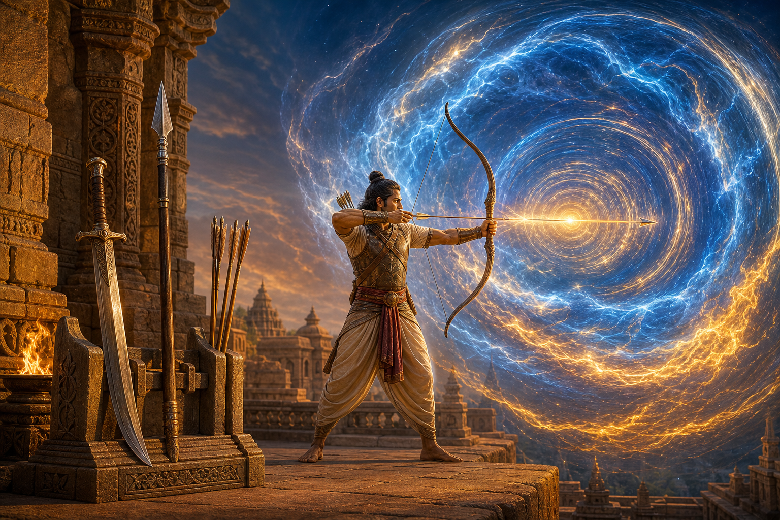 Ordinary swords, spears, and arrows sit beside an archer whose released arrow radiates controlled elemental light, contrasting physical weapons with an activated astra.