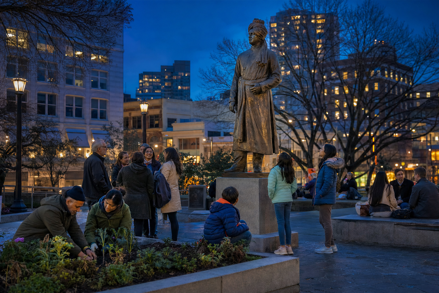 An intergenerational community gathers around a bronze Vivekananda statue at dusk for discussion, learning, and care of the public square.