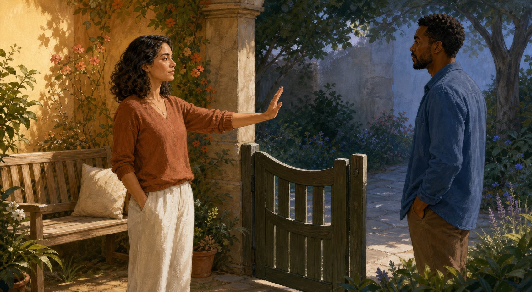 One adult calmly raises an open palm beside a partly closed garden gate while another person pauses at a respectful distance.