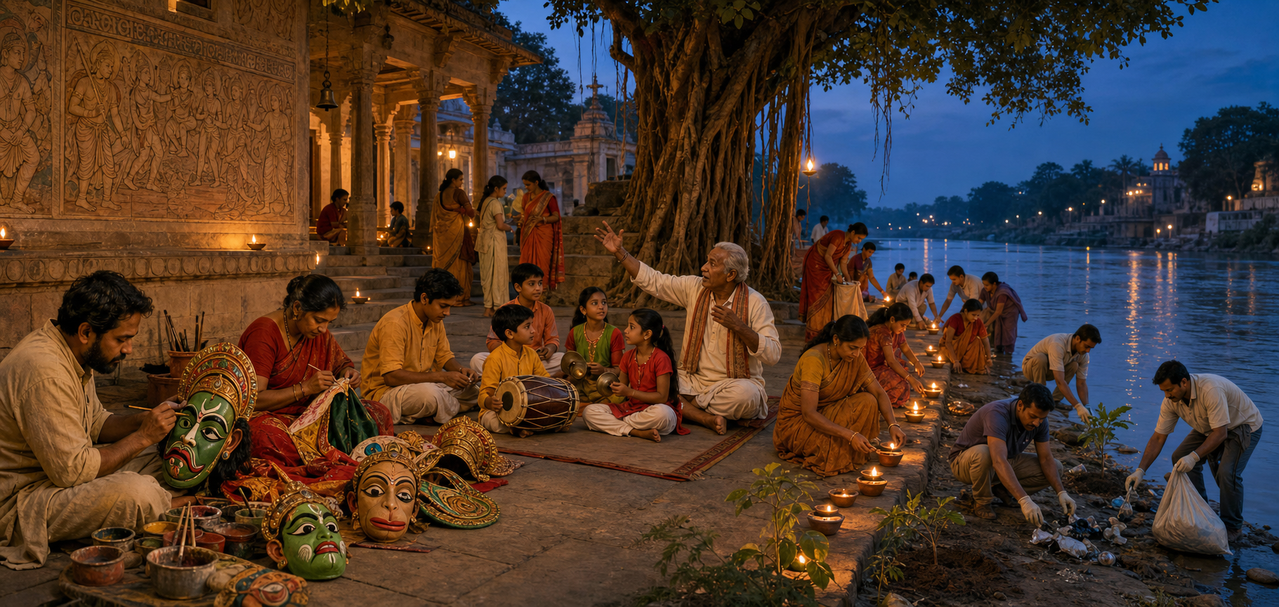 A riverside community prepares theatrical masks, rehearses music, lights clay lamps, and tends plants near a temple courtyard.
