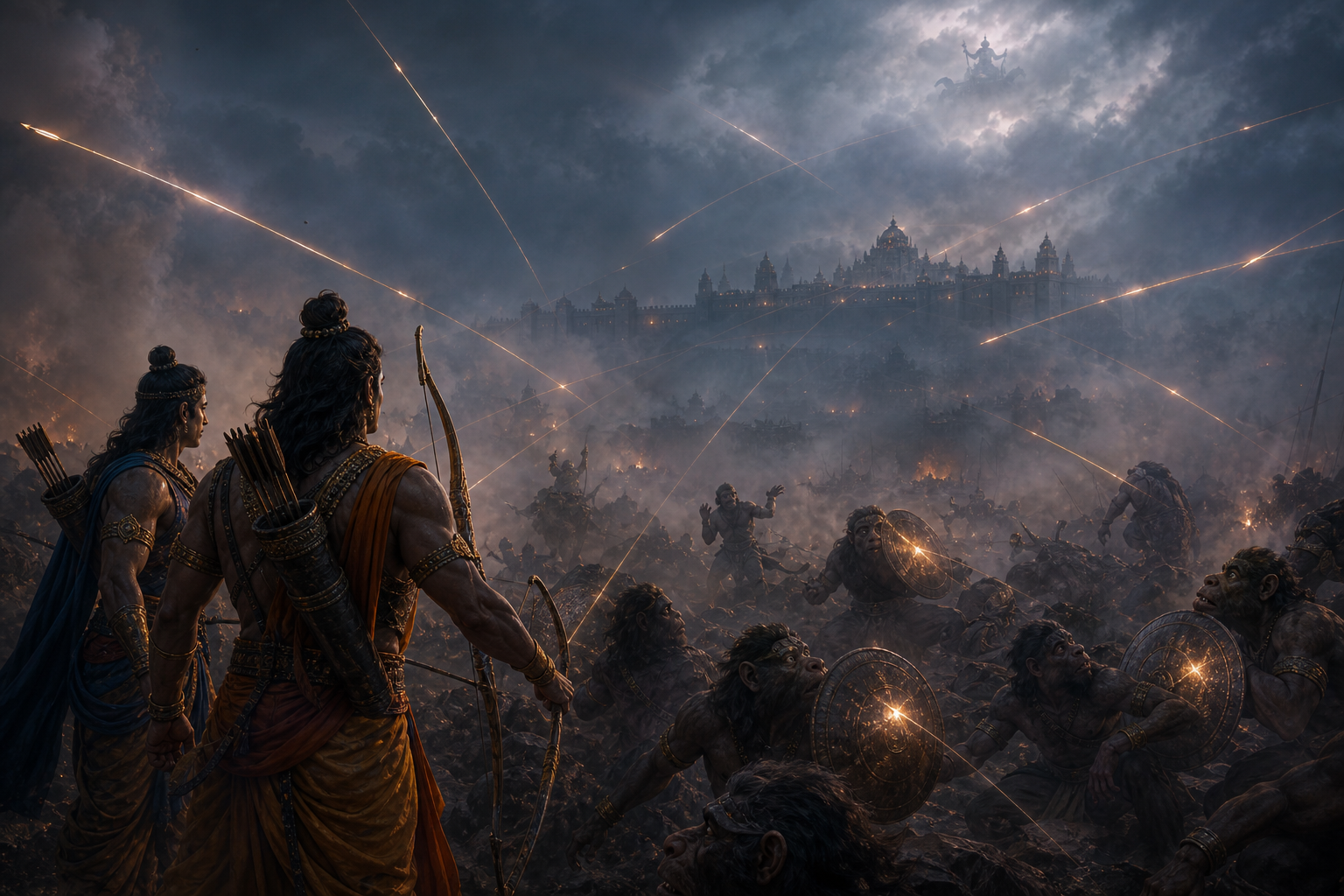 Vanara scouts and two archers search a smoke-filled battlefield as luminous arrows cross from uncertain directions and a distant chariot remains obscured in the clouds.