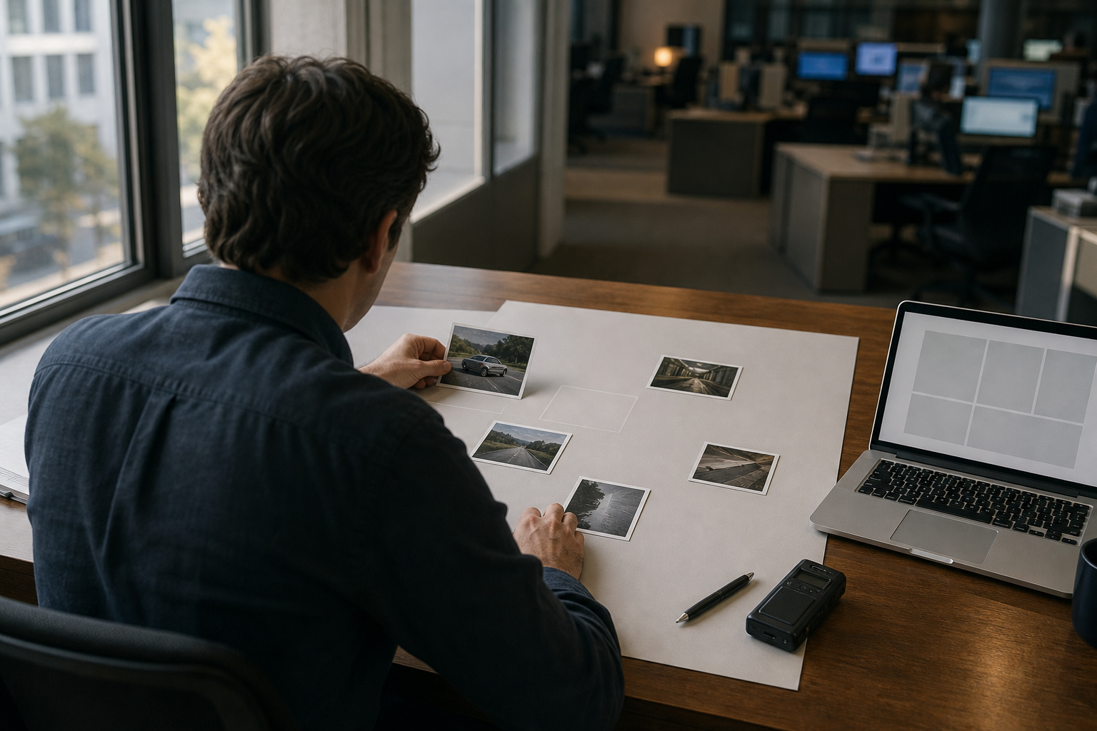 A reporter reviews a small set of evidence photographs beside several empty spaces on a newsroom layout board.