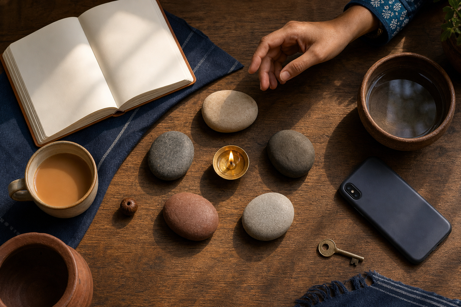 A hand hovers over five river stones arranged beside a lamp, blank journal, prayer bead, water bowl, key, phone, and tea.